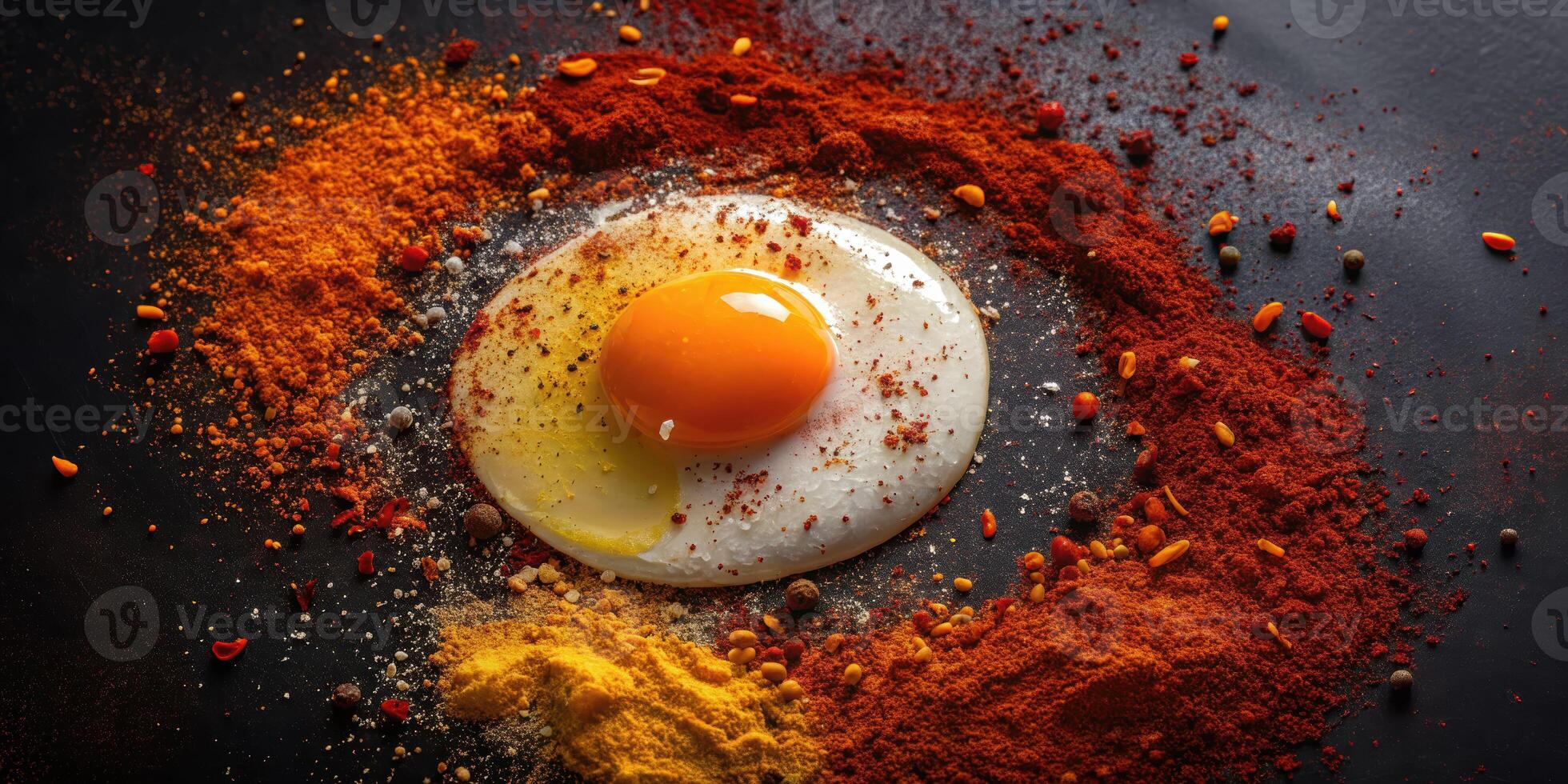 Stylized cooking scene featuring runny yolk like lava surrounded by fiery spice powders culinary art kitchen environment photo
