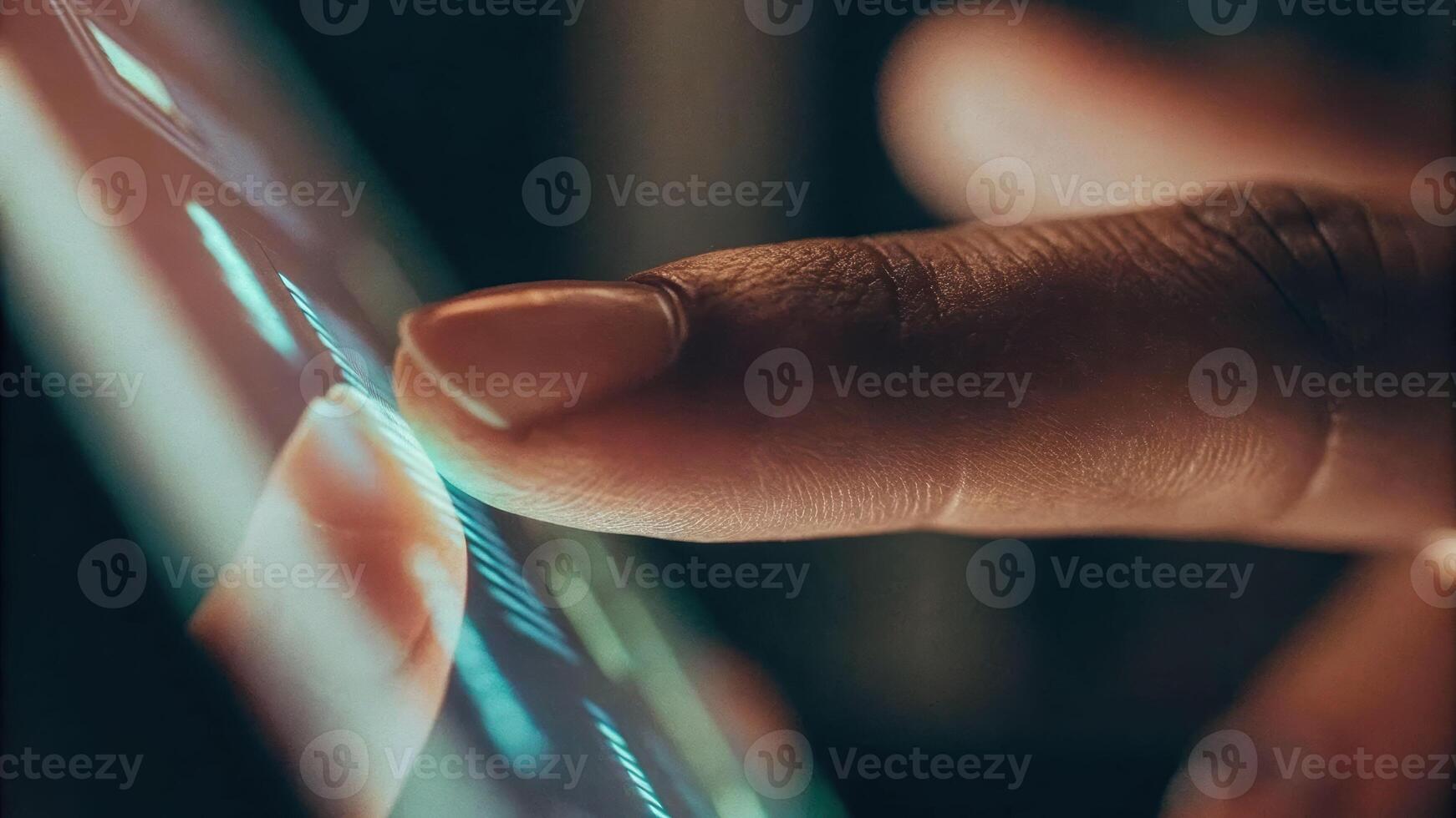 Futuristic cyber finger scanning through eye interface data points and retina tracking high-tech focused environment photo