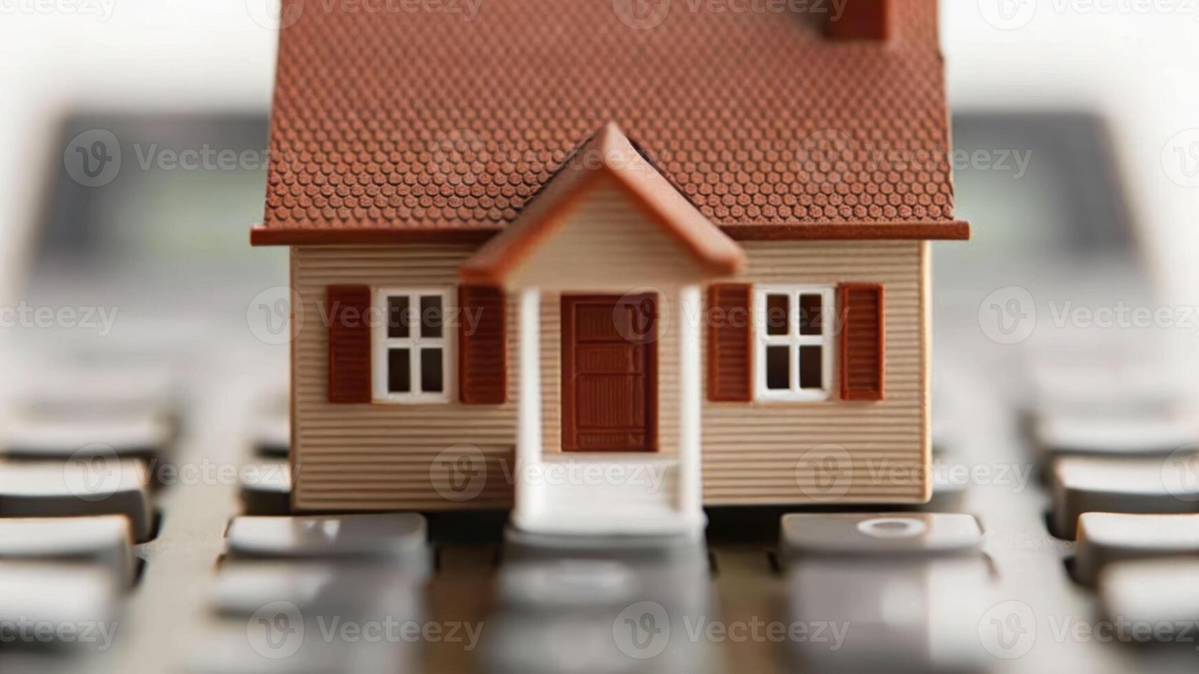 Macro photography of miniature house model on calculator real estate value assessment professional perspective photo