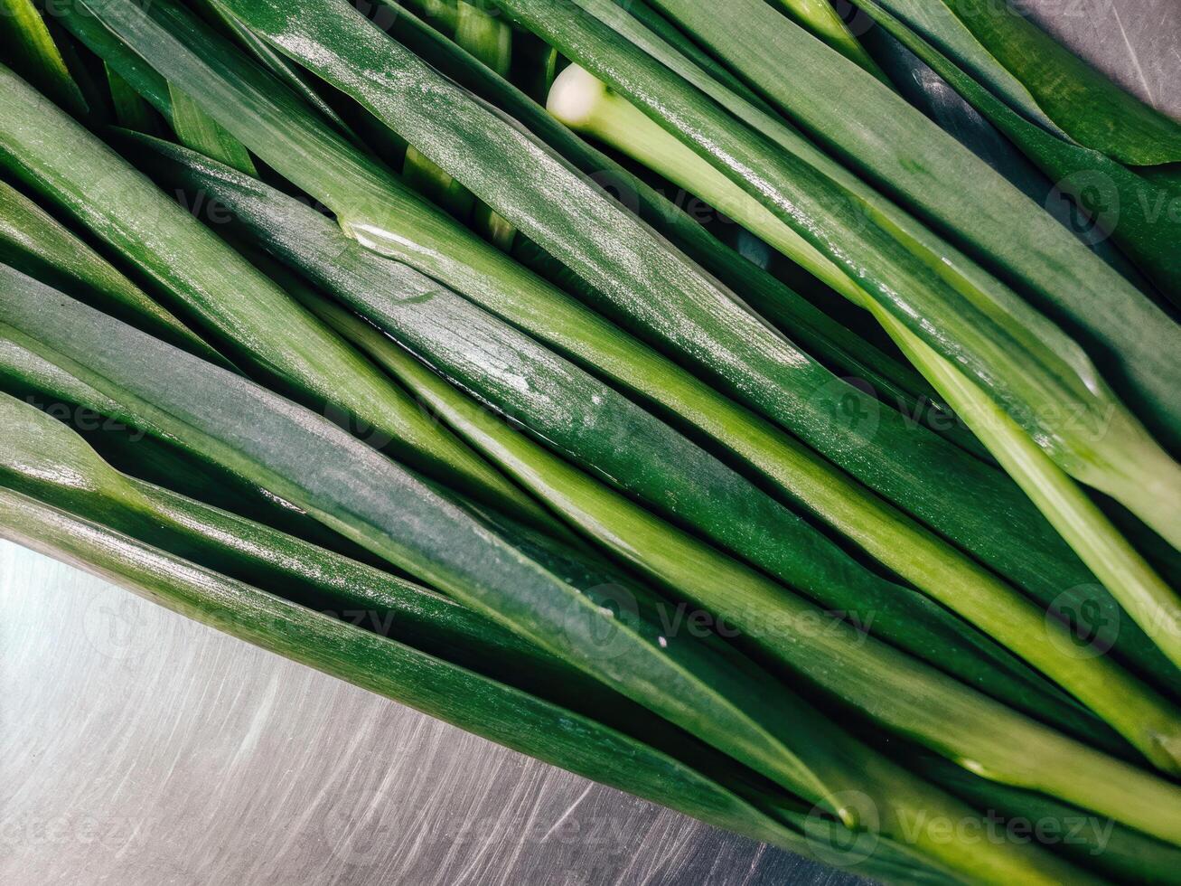 Macro shot of silver-tinted peeled garlic on brushed aluminum background emphasizing detail and texture photo