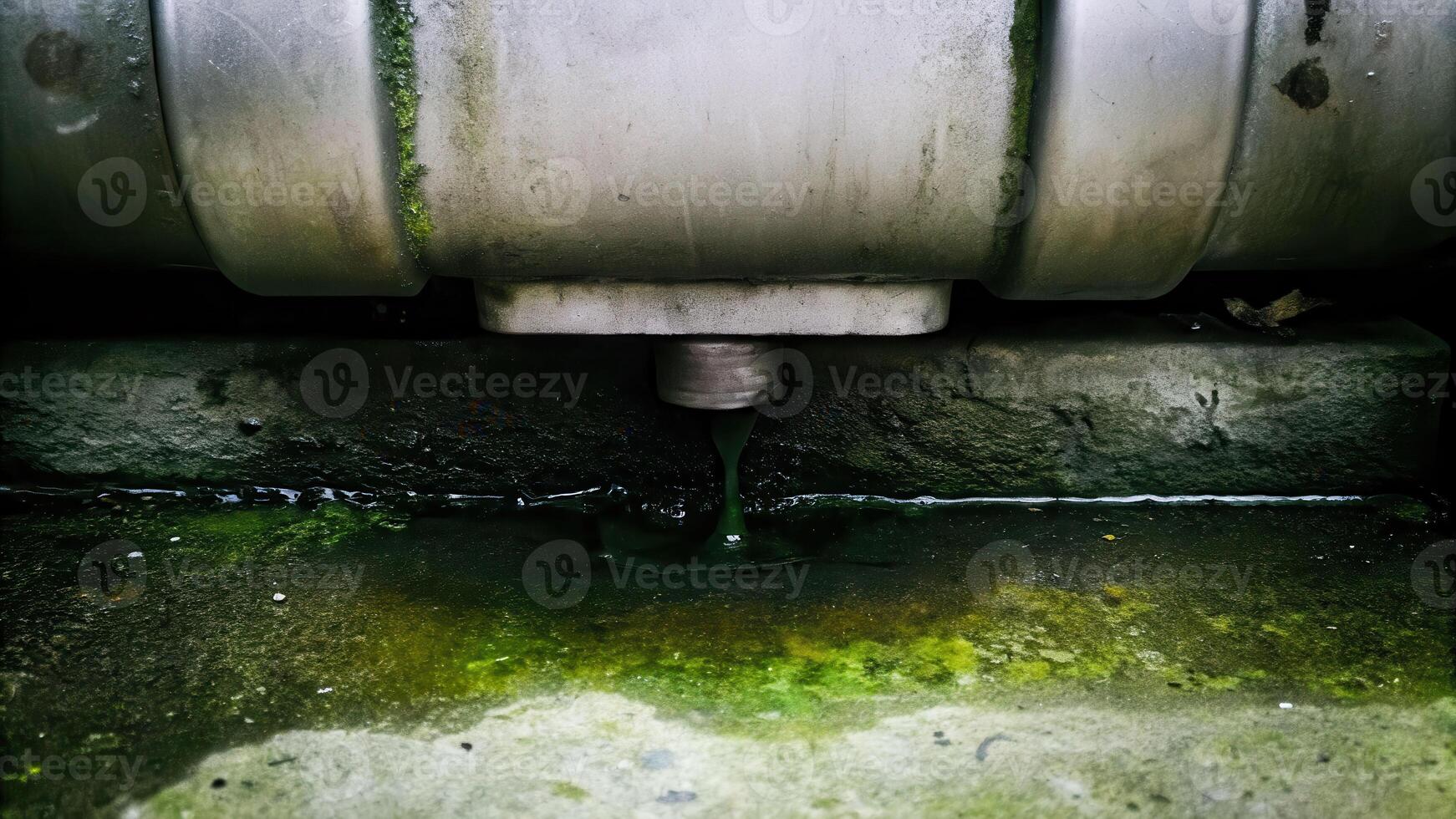 Gas tank leak incident industrial site closeup image concrete environment highlighting fuel drippage and danger photo