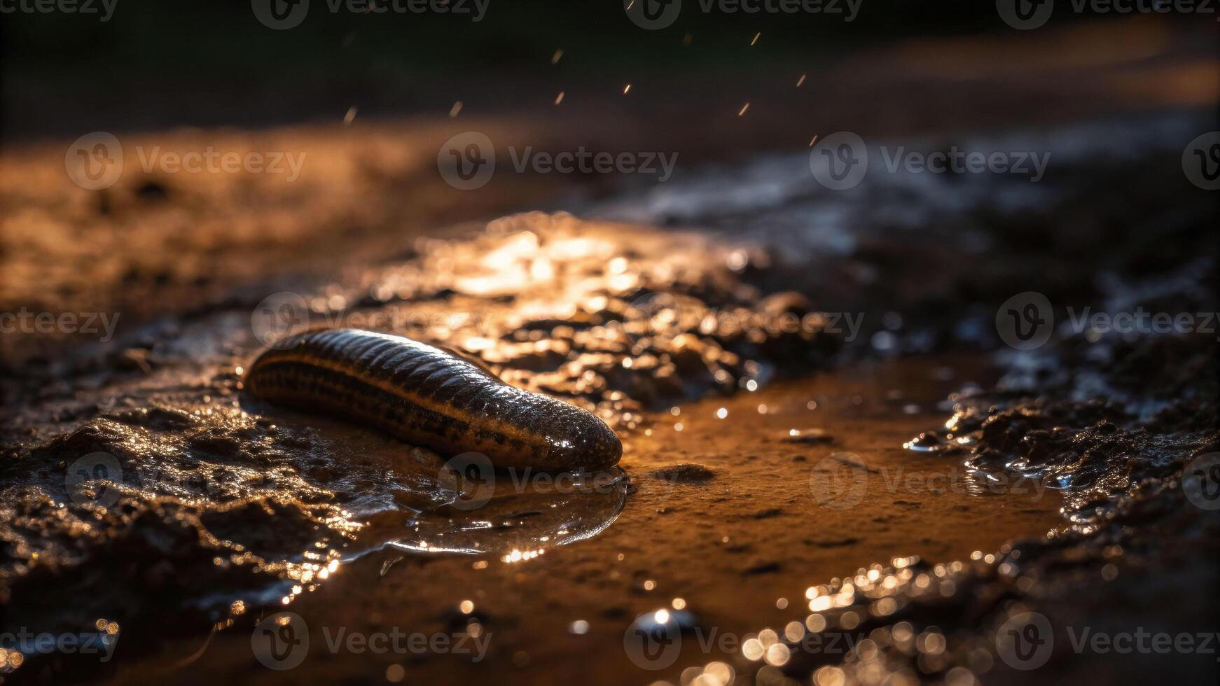 Leech emerging from damp dirt after rainfall nature close-up dramatic lighting wet environment photo
