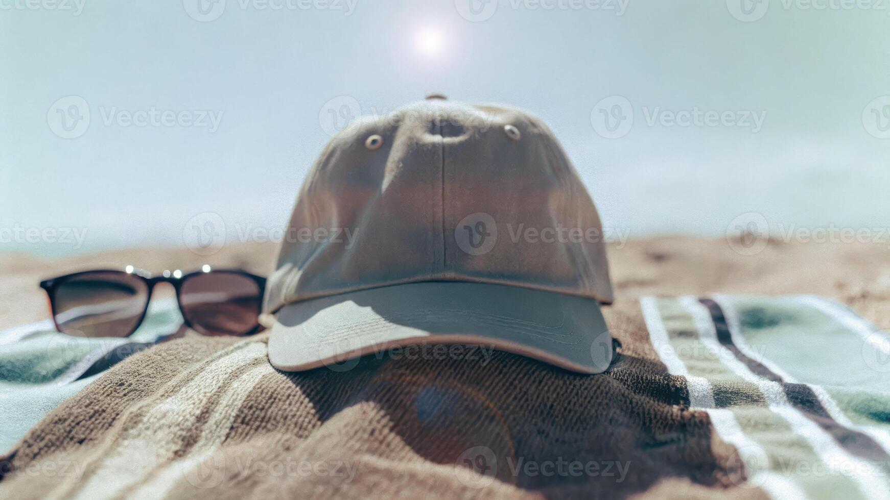Summer relaxation cap on sand-covered towel bright sun sunglasses nearby high saturation photo