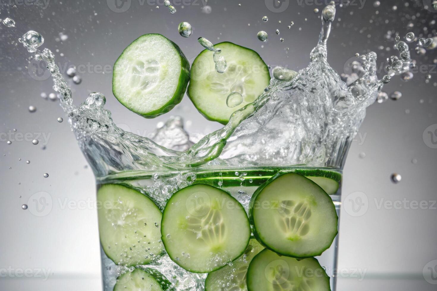 Cucumber drop splashes into sparkling water minimal background refreshing beverage scene bright reflections photo