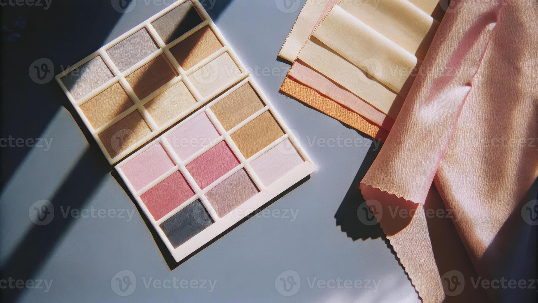 Creative topdown shot of pink fabric swatches and color samples on painter's pallet studio environment artistic viewpoint photo
