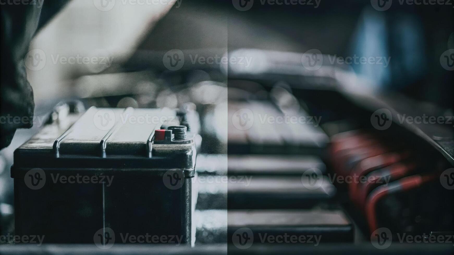 Mechanic examines wet car battery in industrial setting with tools and diagnostics photo