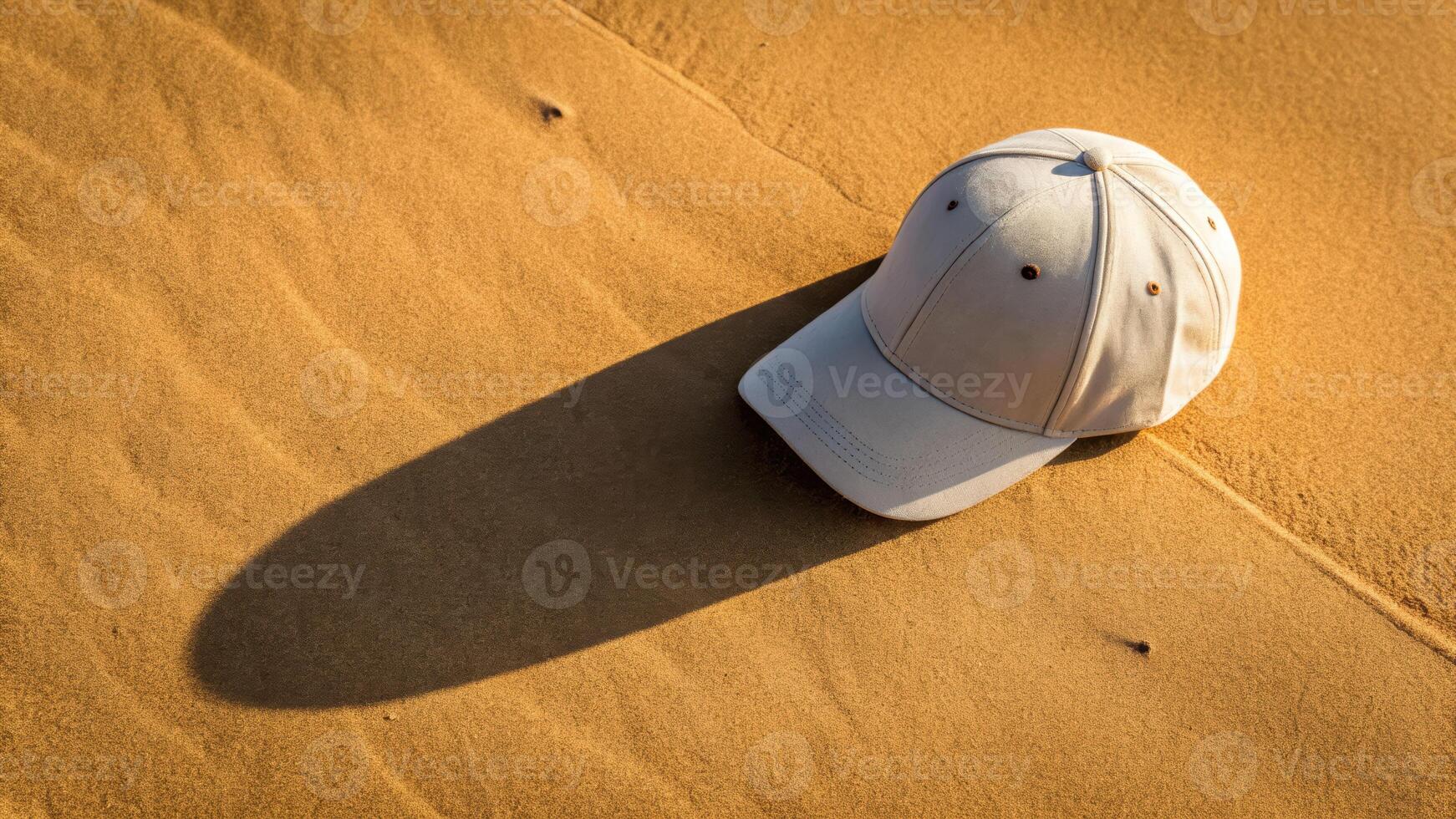 Overhead shot of a cap casting a long shadow on warm golden sand minimalist composition tranquil environment photo