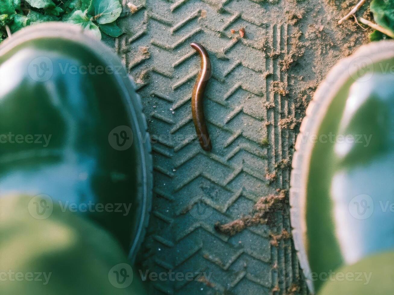 Solitary leech on disturbed soil with footprints nature scene overhead shot of raw dirt photo