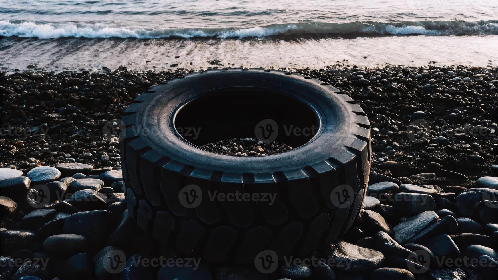 Tire on rocky beach with gentle waves conceptual image of nature calm environment and serenity photo