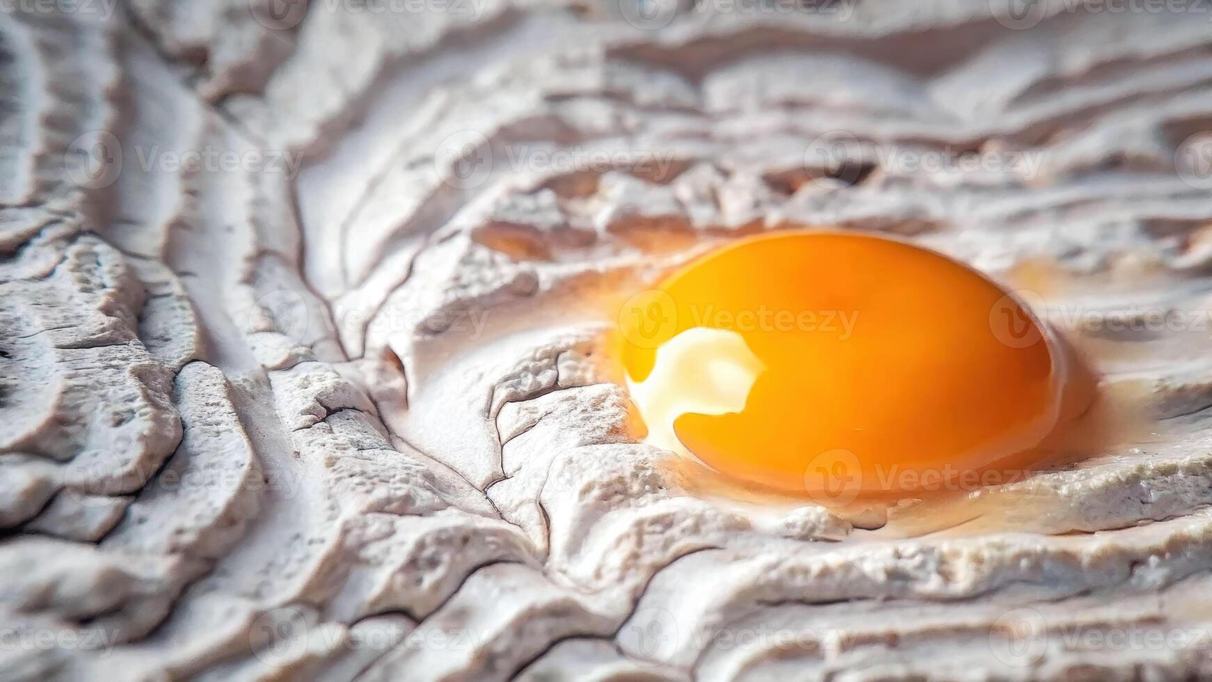 Vibrant yolk oozing from cracked egg on black lava rock surface macro shot nature textured environment photo