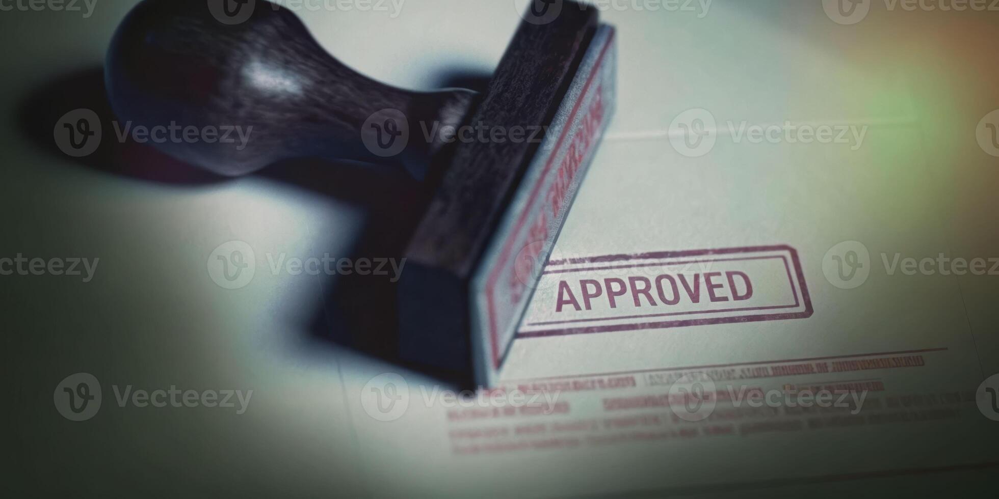 Rubber stamp action approving health insurance card on clipboard office environment conceptual image photo