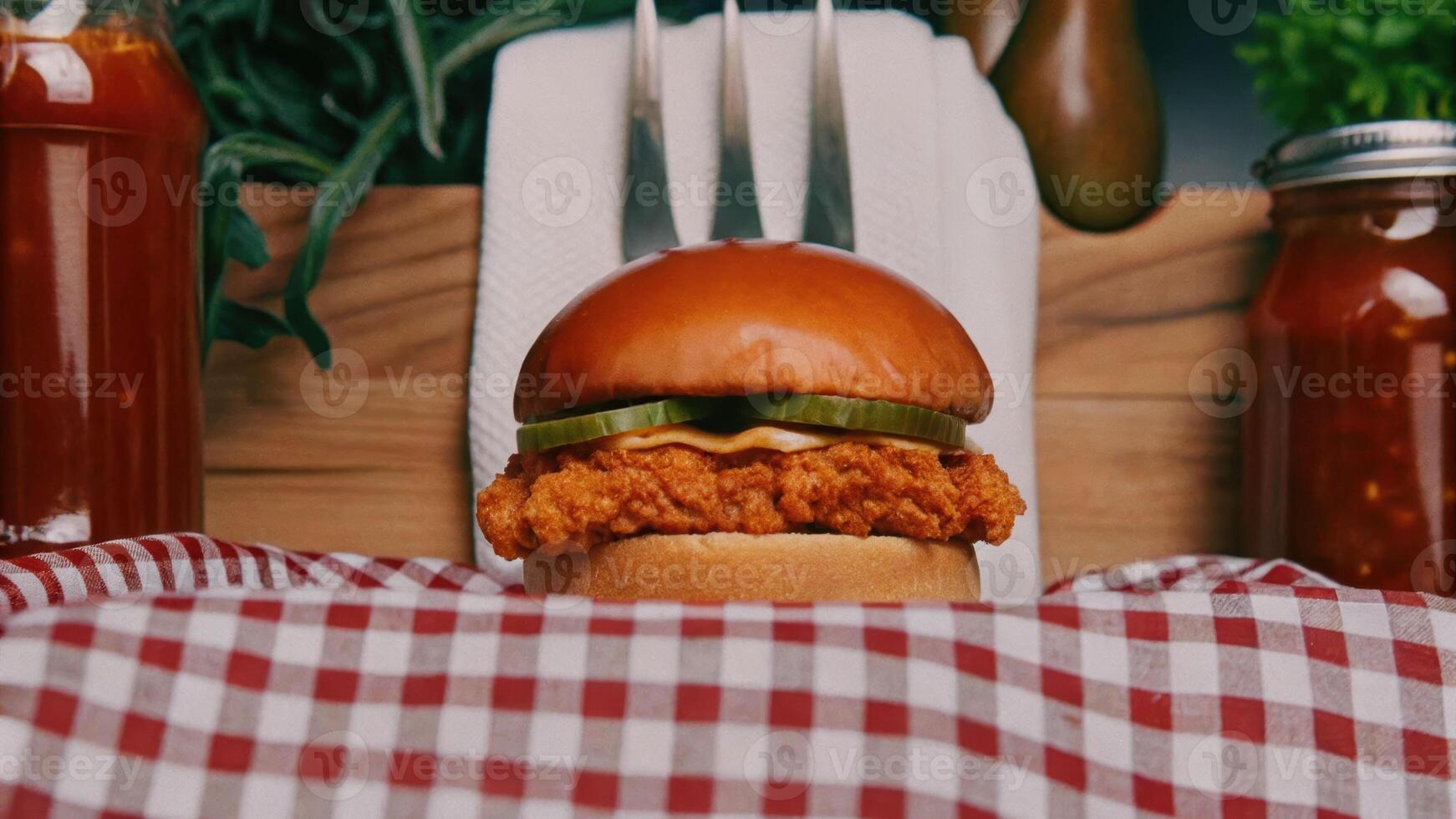Delicious fried chicken sandwich with honey butter and pickles gourmet food photography rustic kitchen setting photo