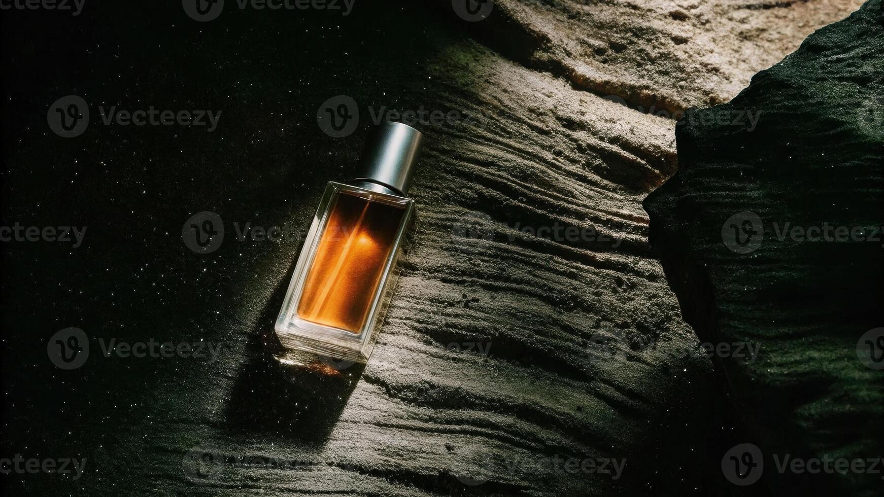 Dramatic meteor-inspired product shot of a sleek perfume bottle on textured surface studio environment close-up view photo