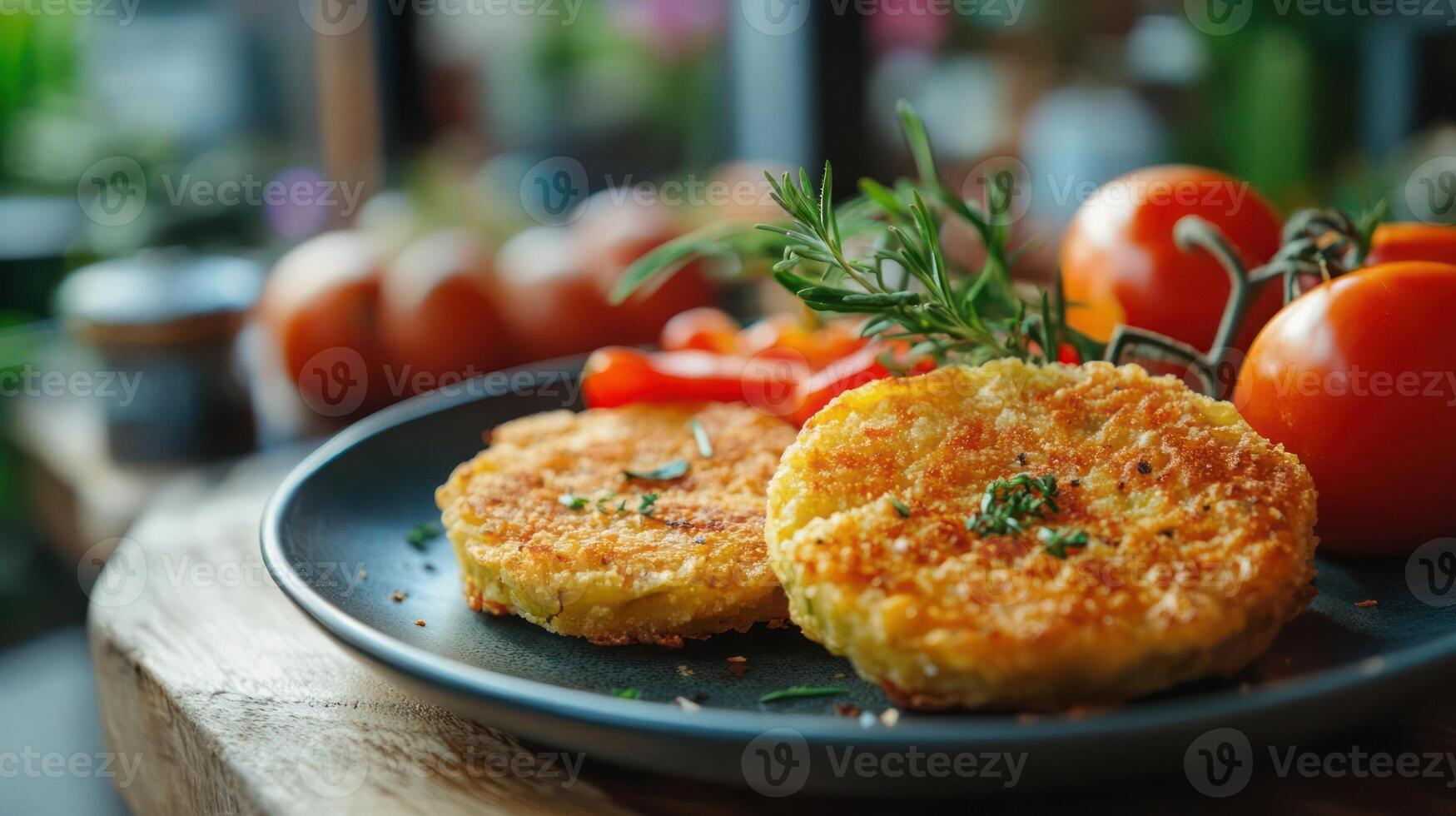 Crispy patties with tomatoes and herbs on a plate. photo