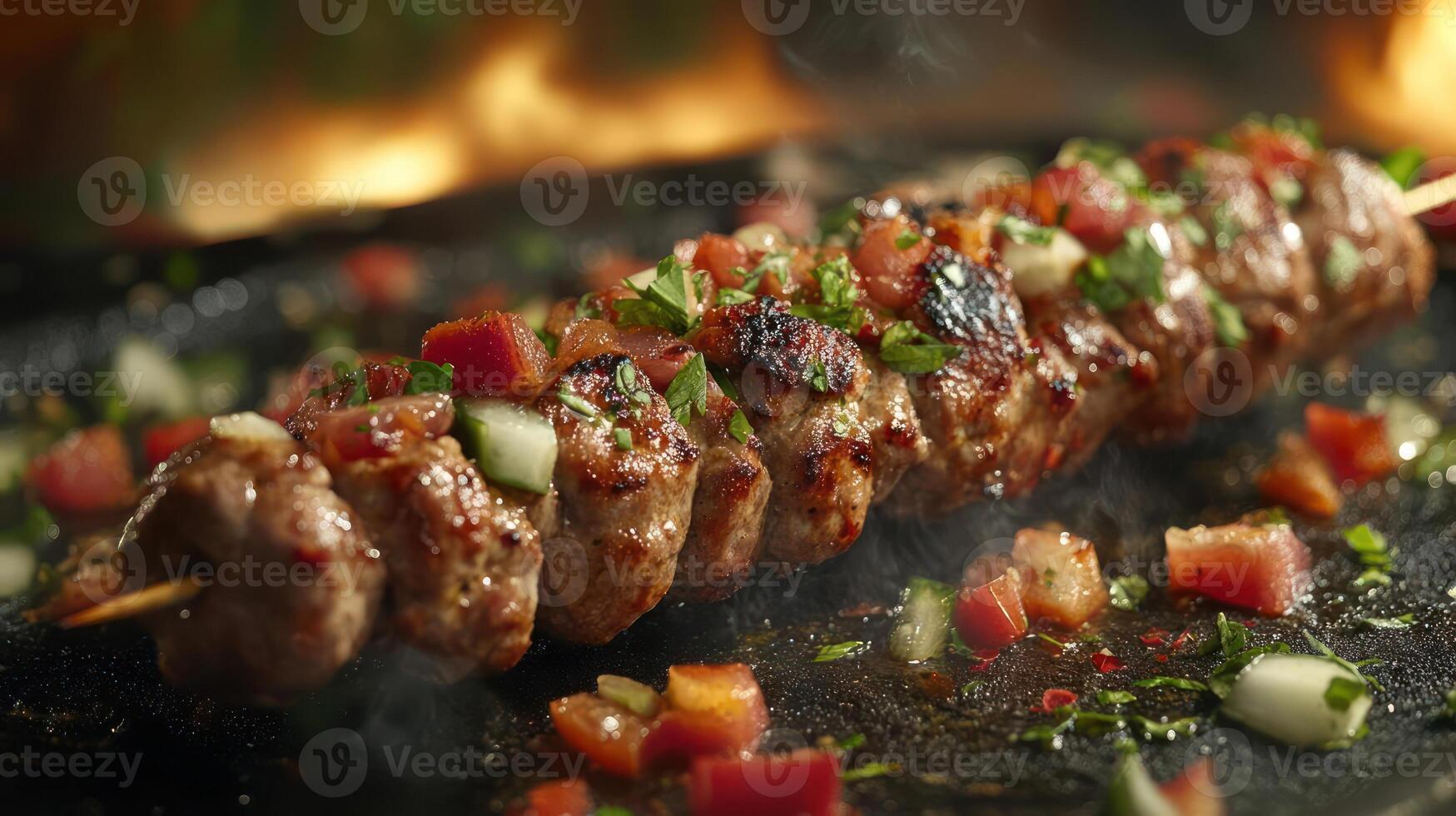 Delicious grilled meat skewers with fresh herbs and vegetables. photo