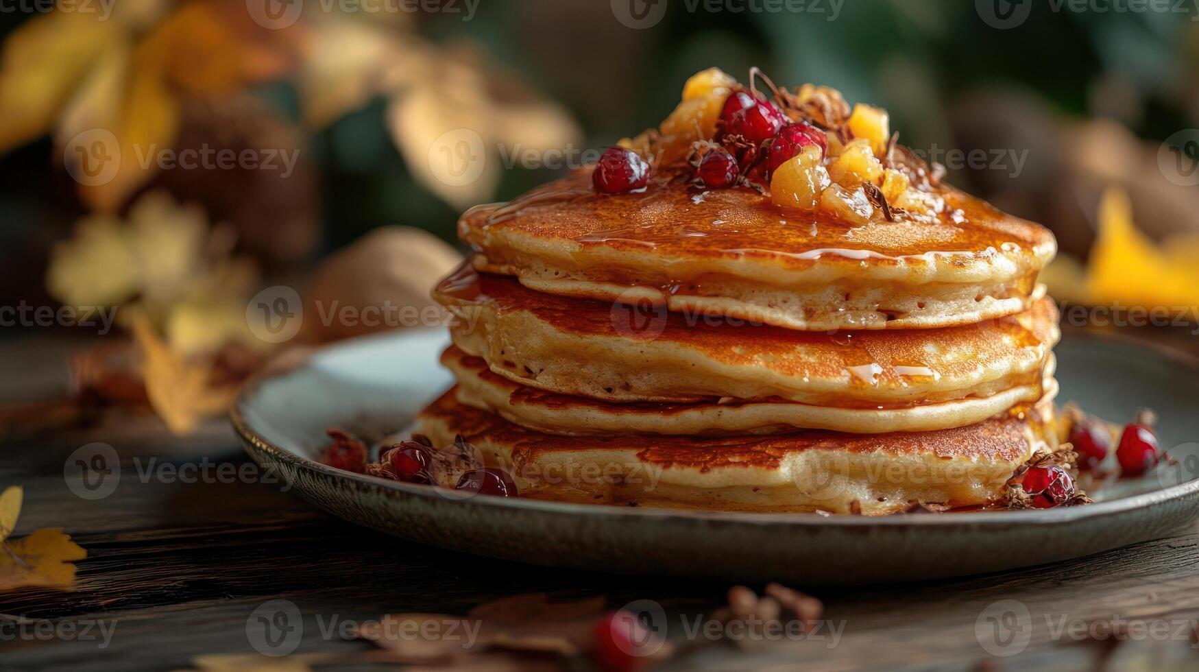 Stack of pancakes with fruit and syrup on a plate. photo
