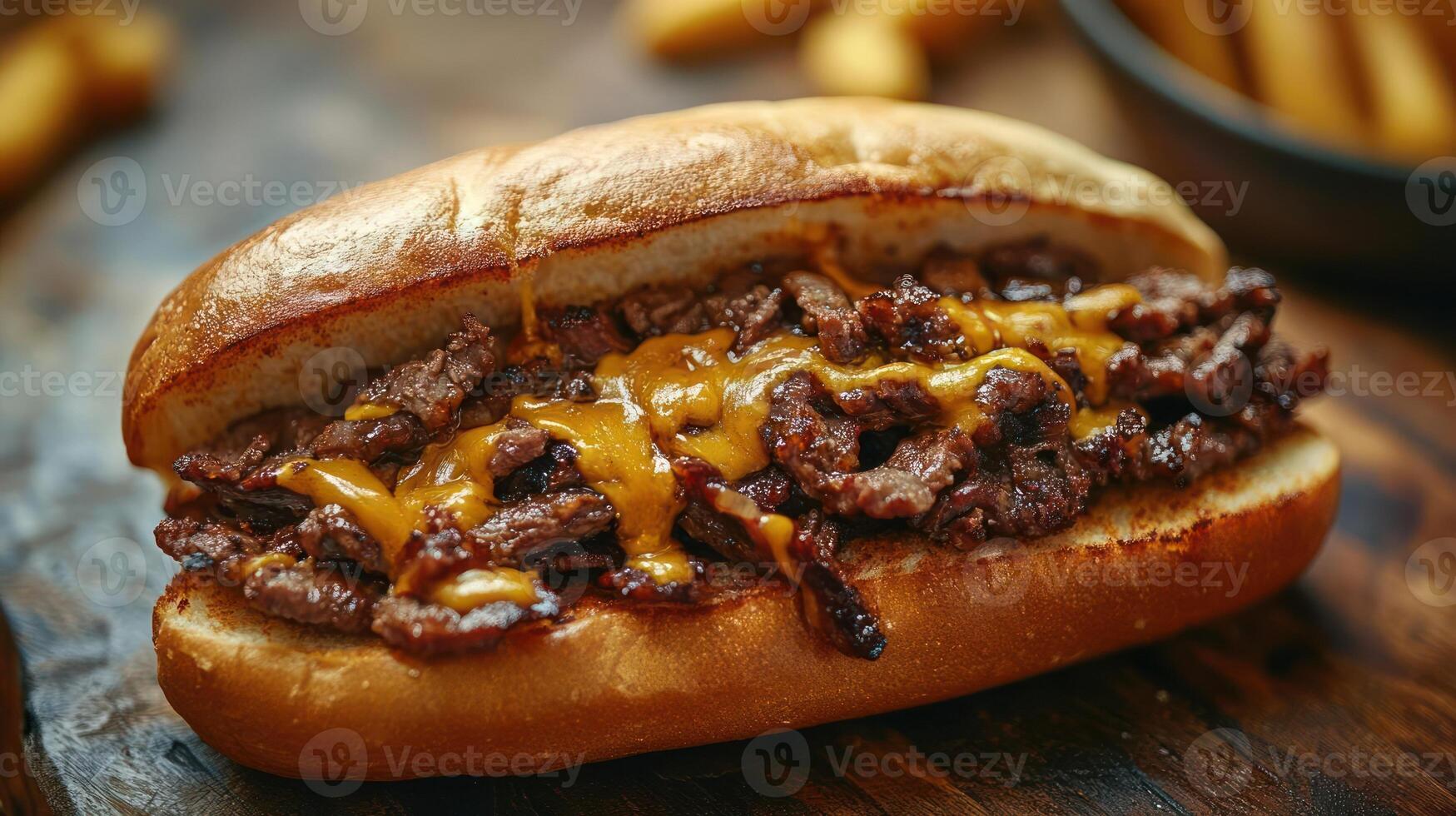 Delicious cheesesteak sandwich with melted cheese. photo