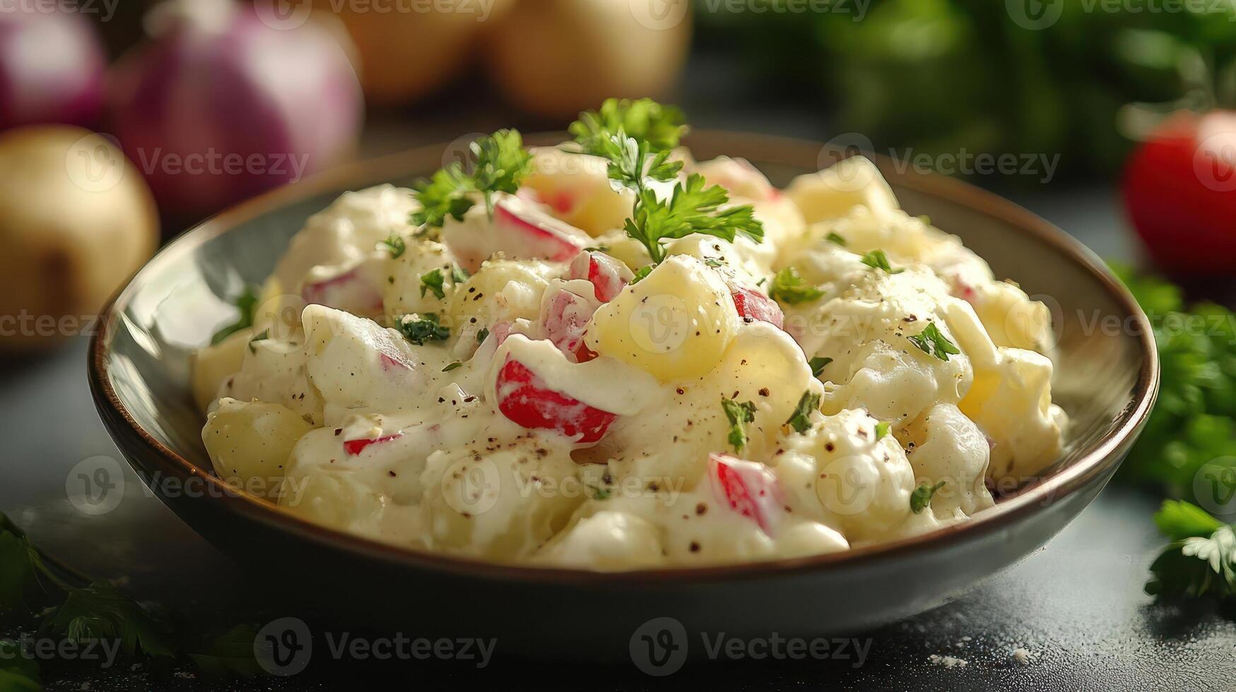 Delicious creamy potato salad with fresh herbs in a bowl. photo