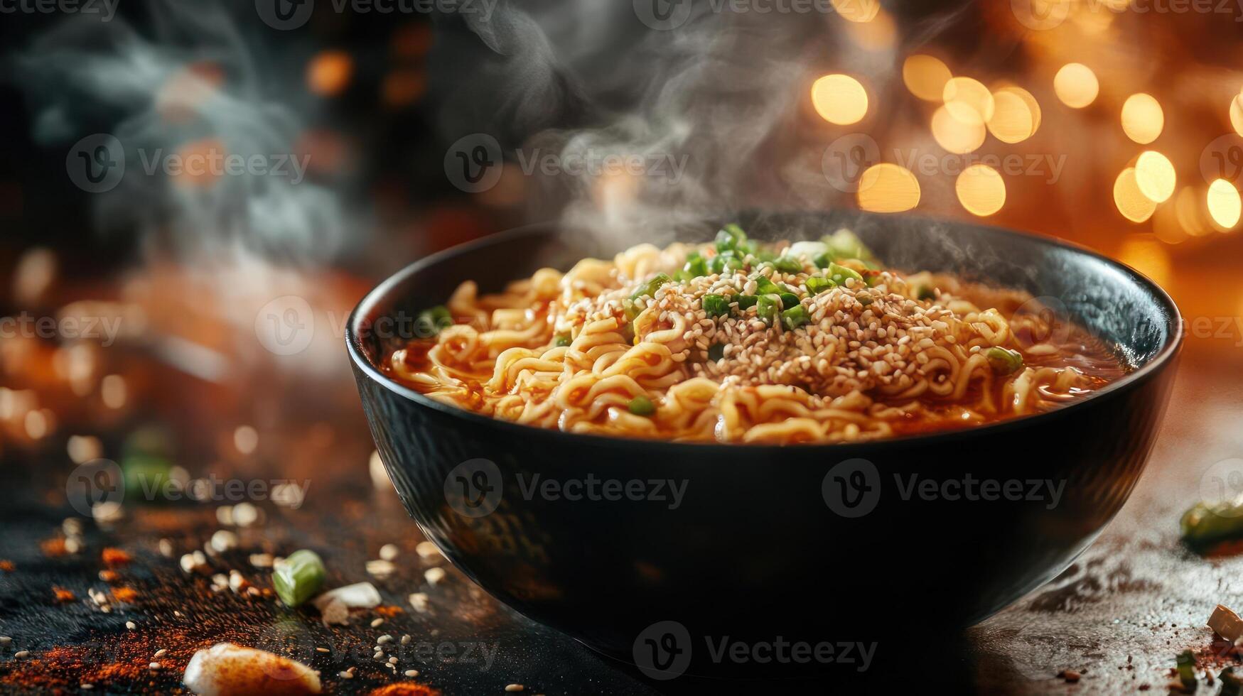 Spicy ramen bowl with sesame seeds and green onions. photo