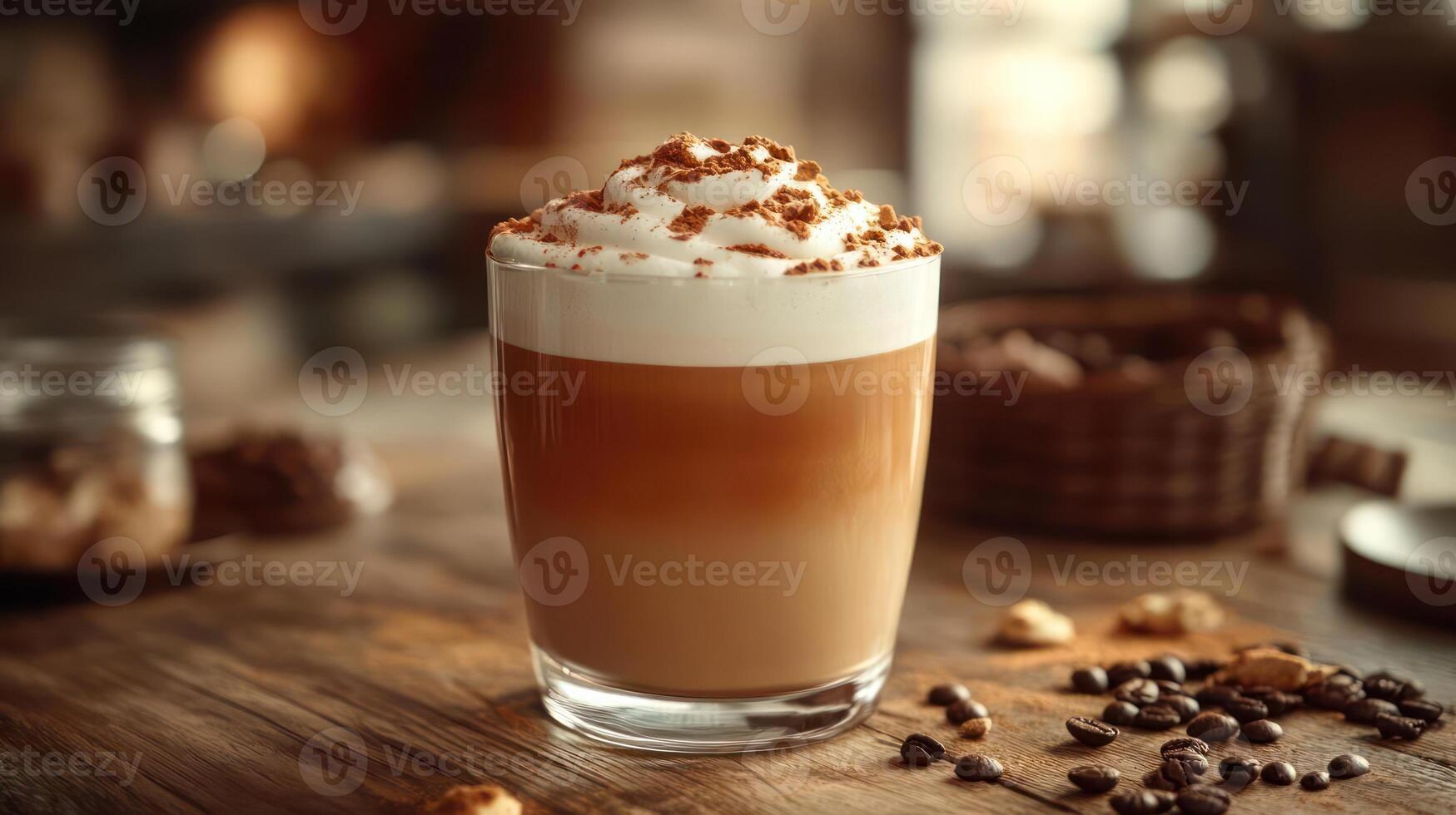 Creamy latte with whipped cream and cocoa powder. photo