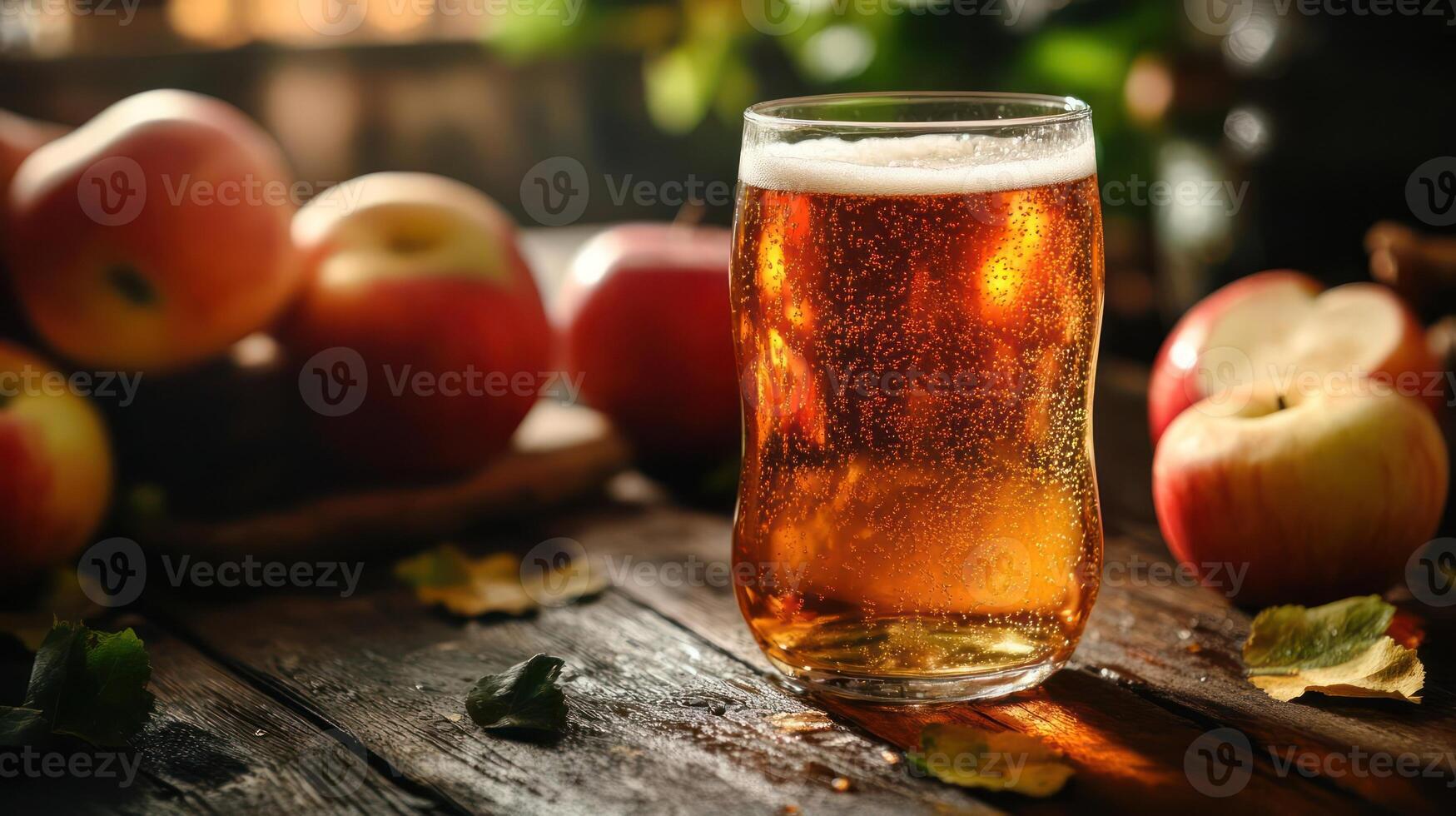 Beer with apples, autumn drink, rustic setting photo