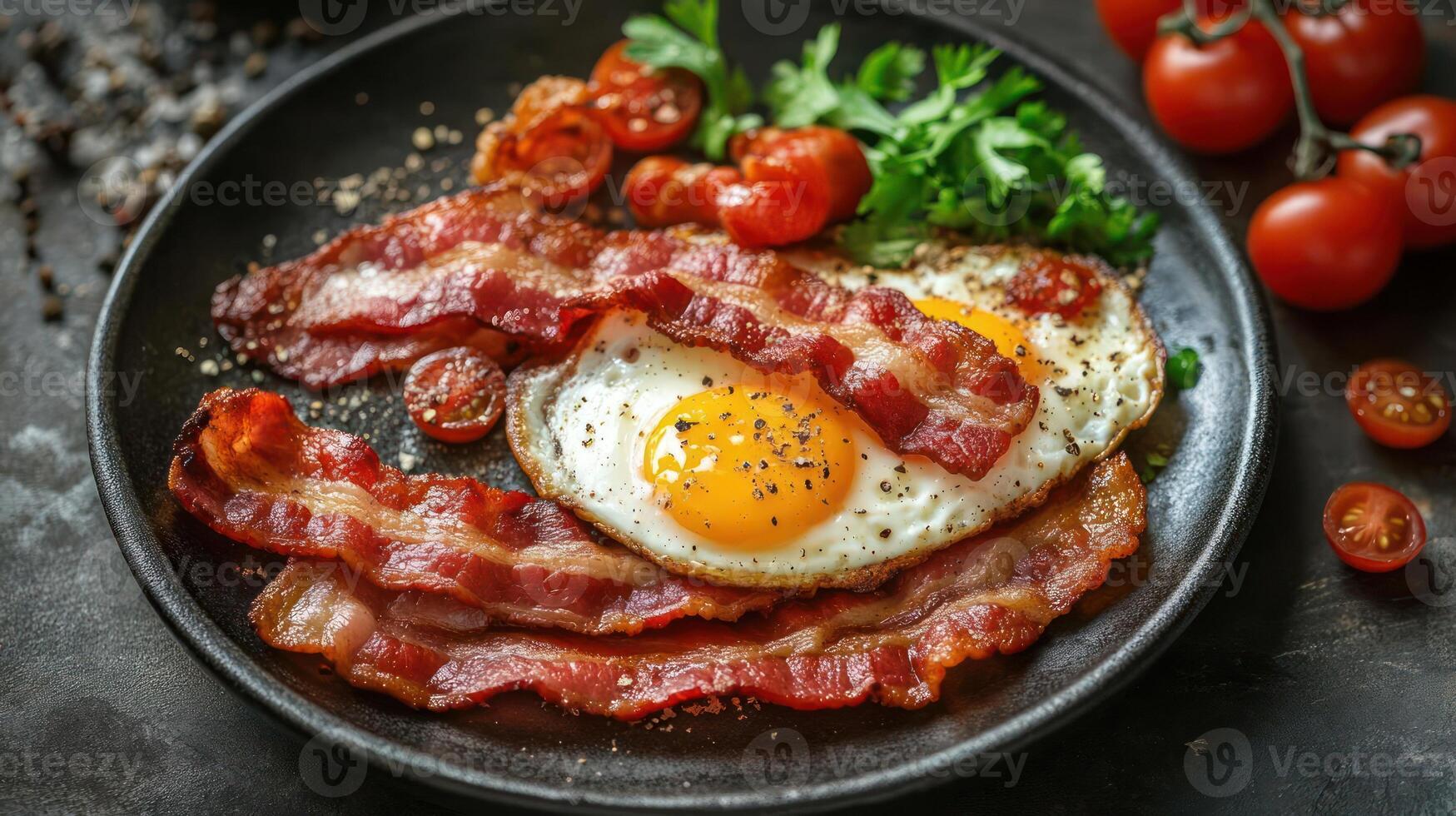 Crispy bacon and fried egg breakfast on a plate. photo
