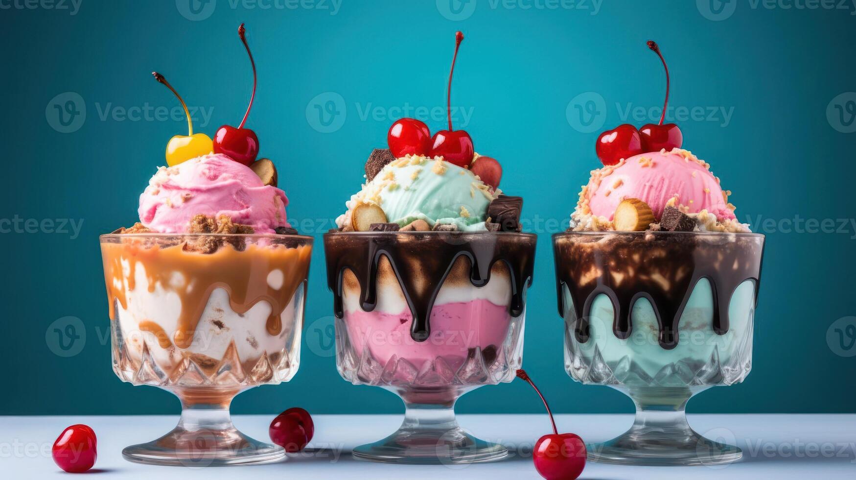 Colorful ice cream parfaits with cherry toppings and chocolate sauce. photo