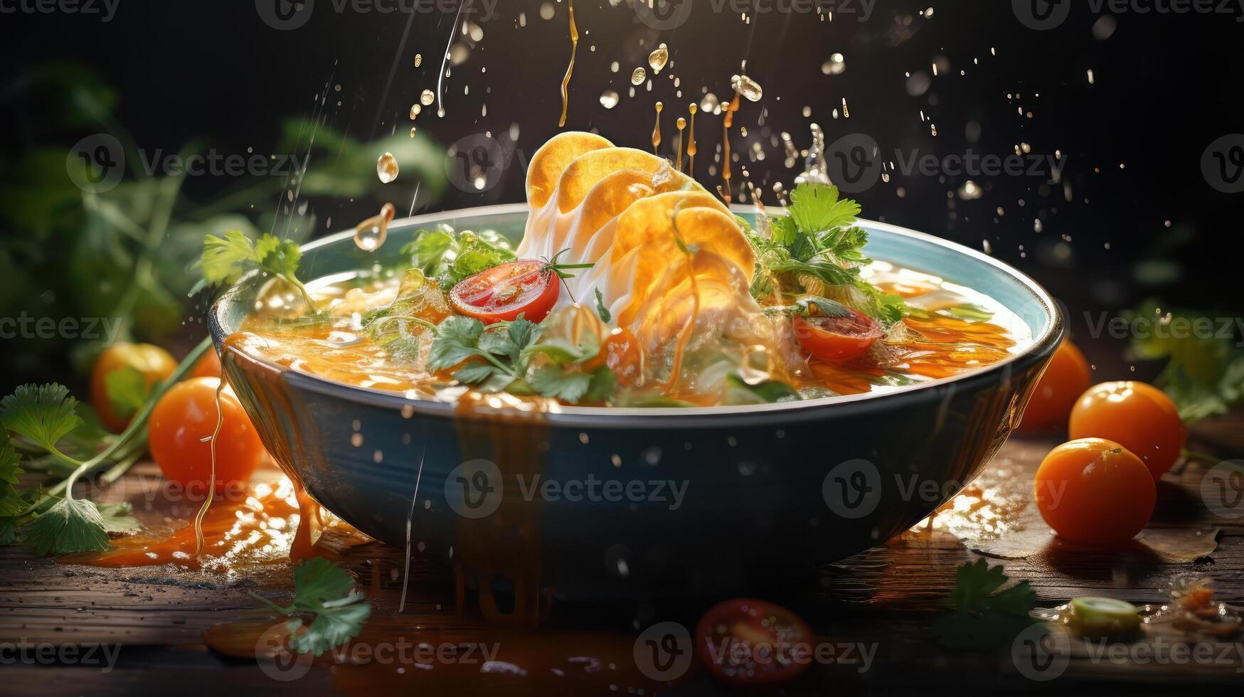 Fresh tomato soup with herbs, splash of flavor. photo