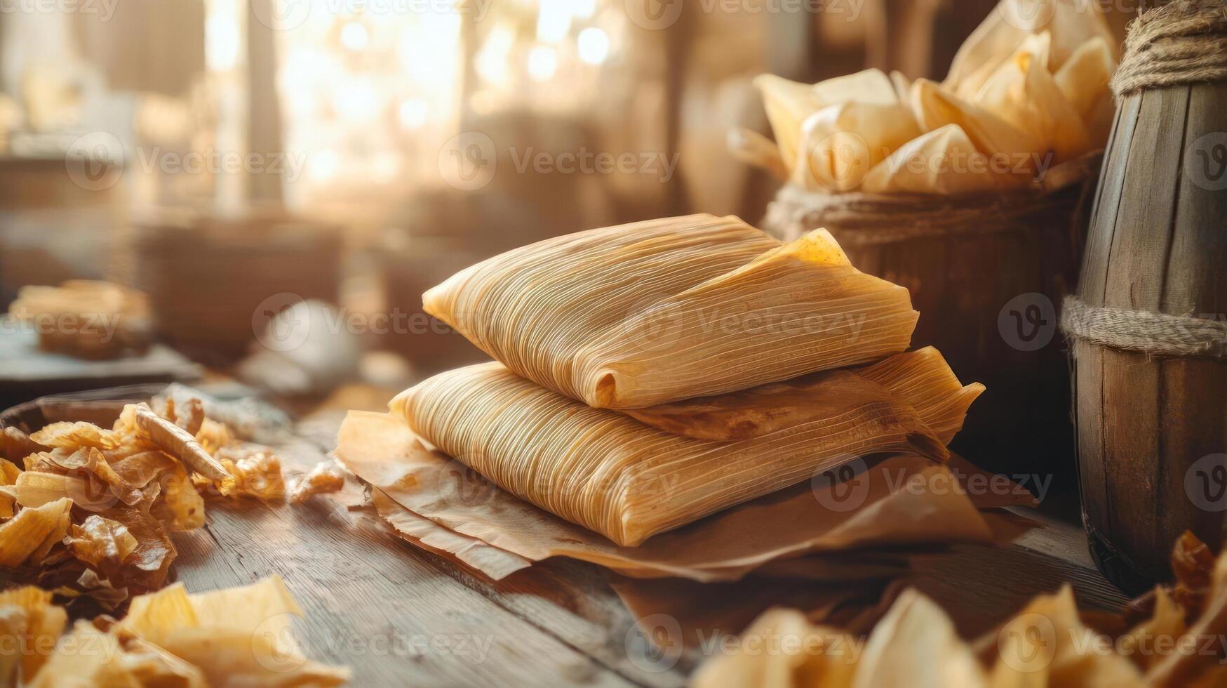 Stacked corn husks with rustic wooden background. photo