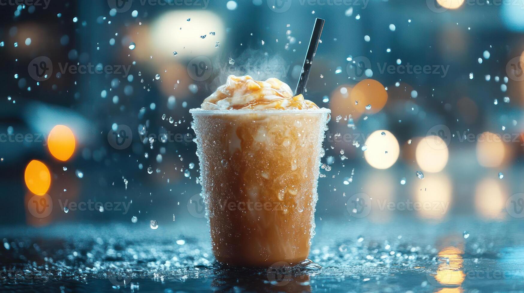 Iced coffee in the rain, vibrant bokeh background. photo