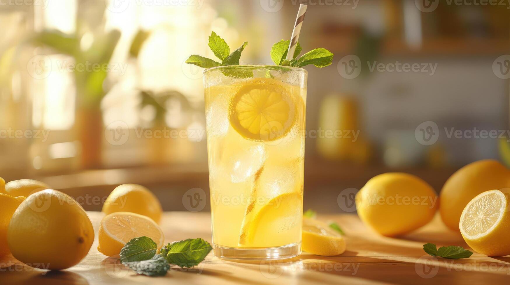 Refreshing lemonade with lemon slices and mint, bright and sunny. photo