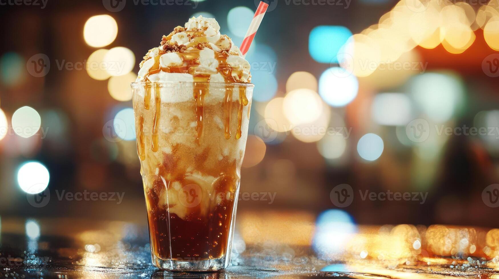 Caramel latte with whipped cream and drizzle, bokeh background. photo