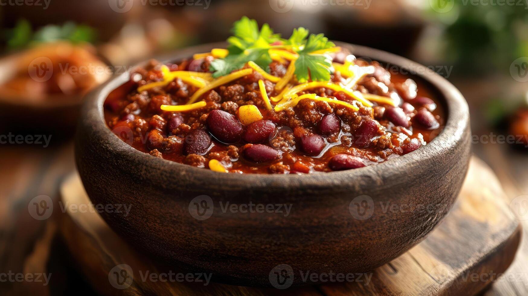Hearty chili in a rustic bowl, garnished with cheese and herbs. photo