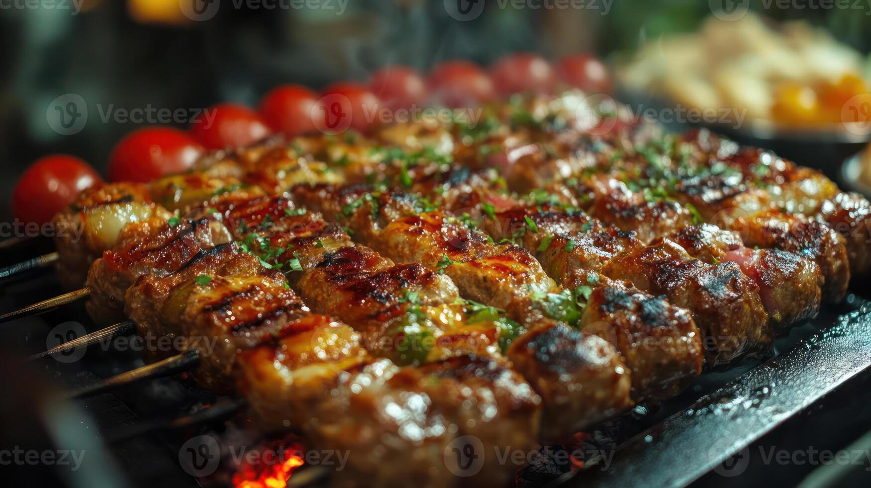 Grilled meat skewers with herbs, ready to serve. photo