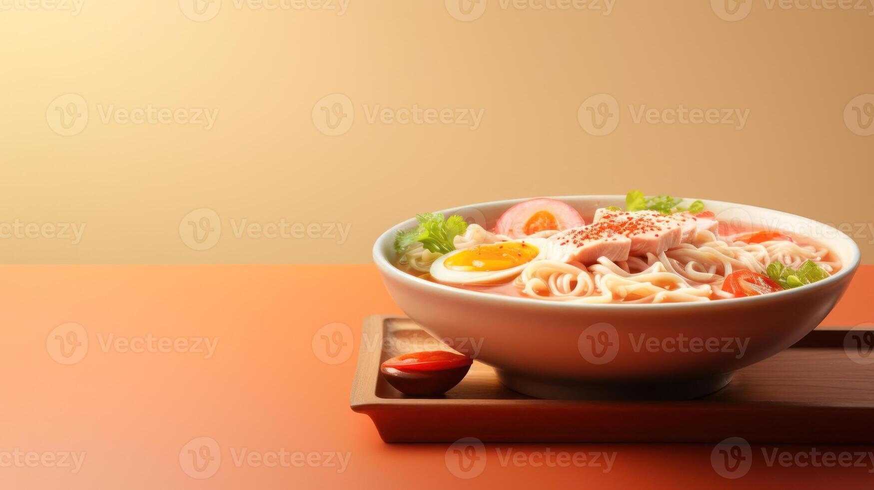 Delicious ramen bowl with egg, tomatoes, and herbs. photo