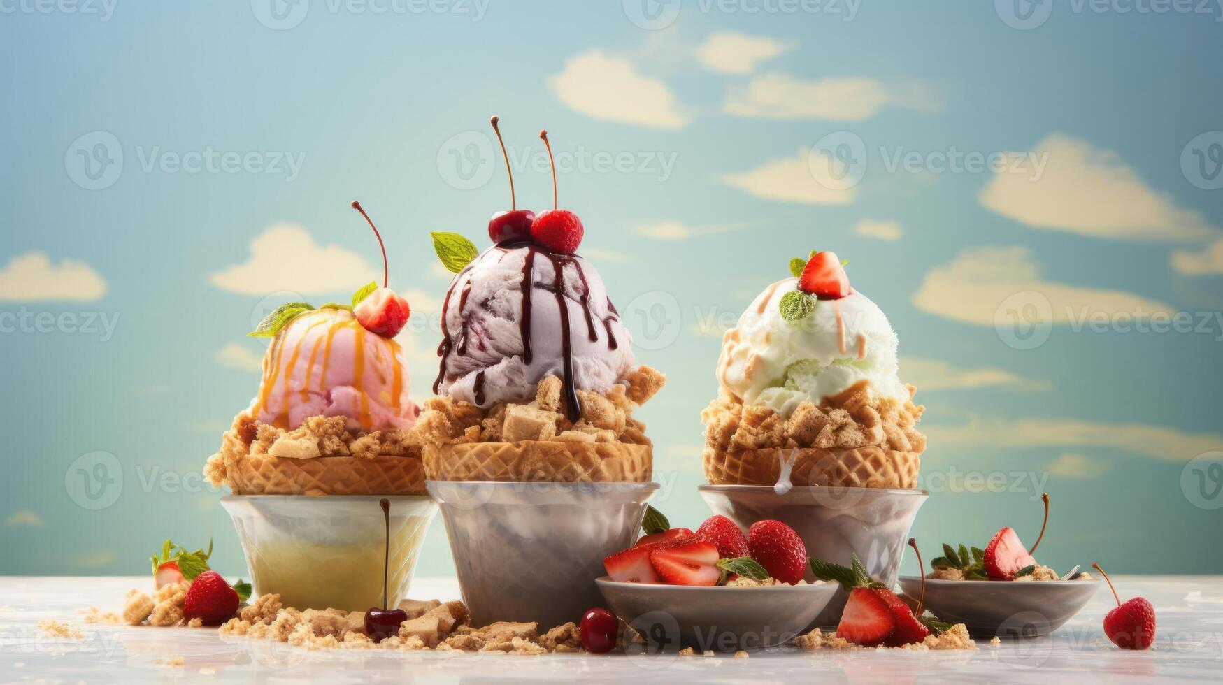 Three ice cream sundaes with toppings and fresh fruit. photo