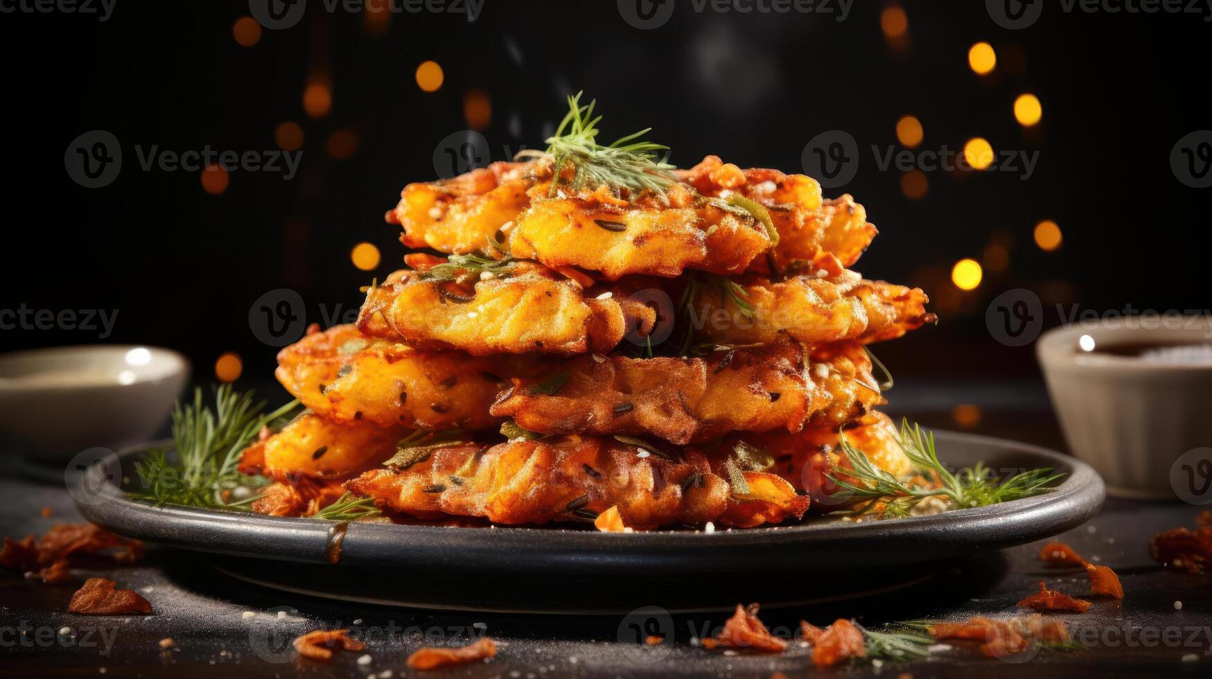 Stack of crispy lentil pancakes with herbs and spices. photo