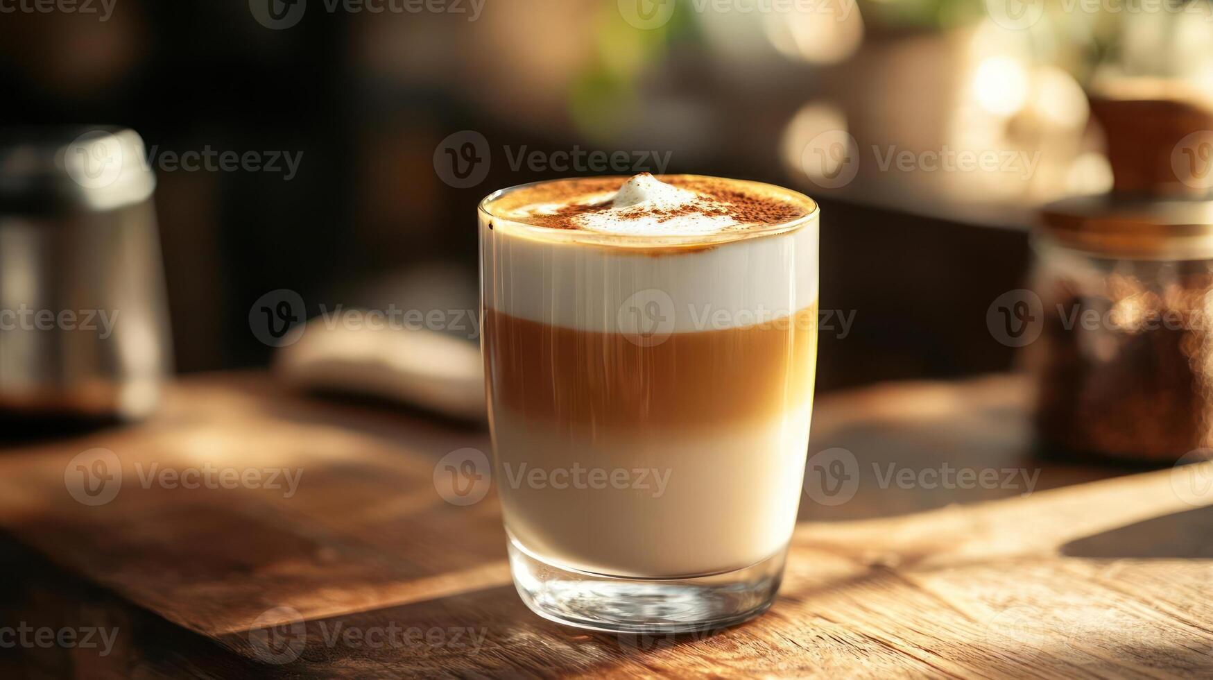 Layered coffee drink with cream and spice on wooden table. photo