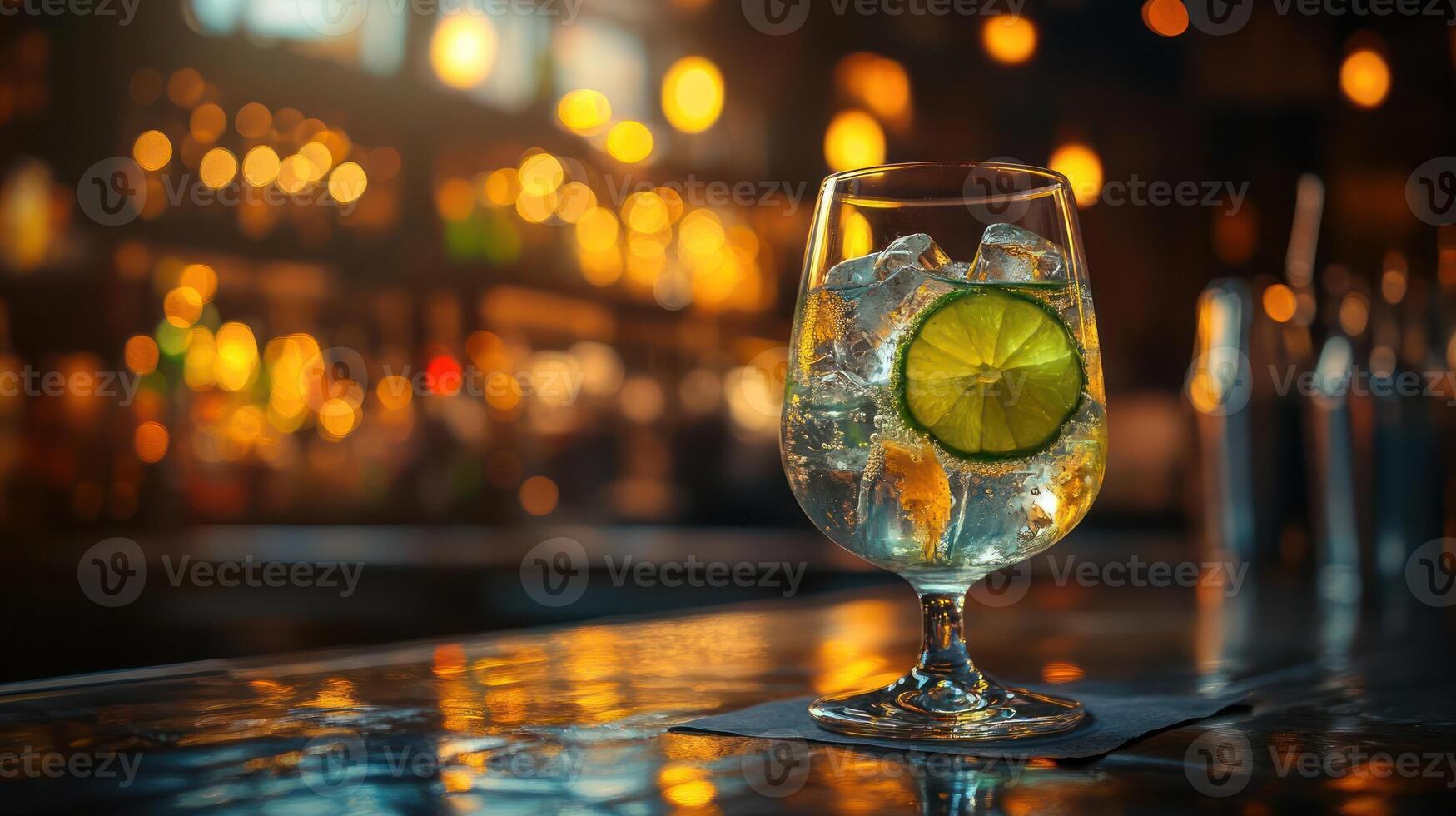 Refreshing lime sparkling drink on a dark bar. photo