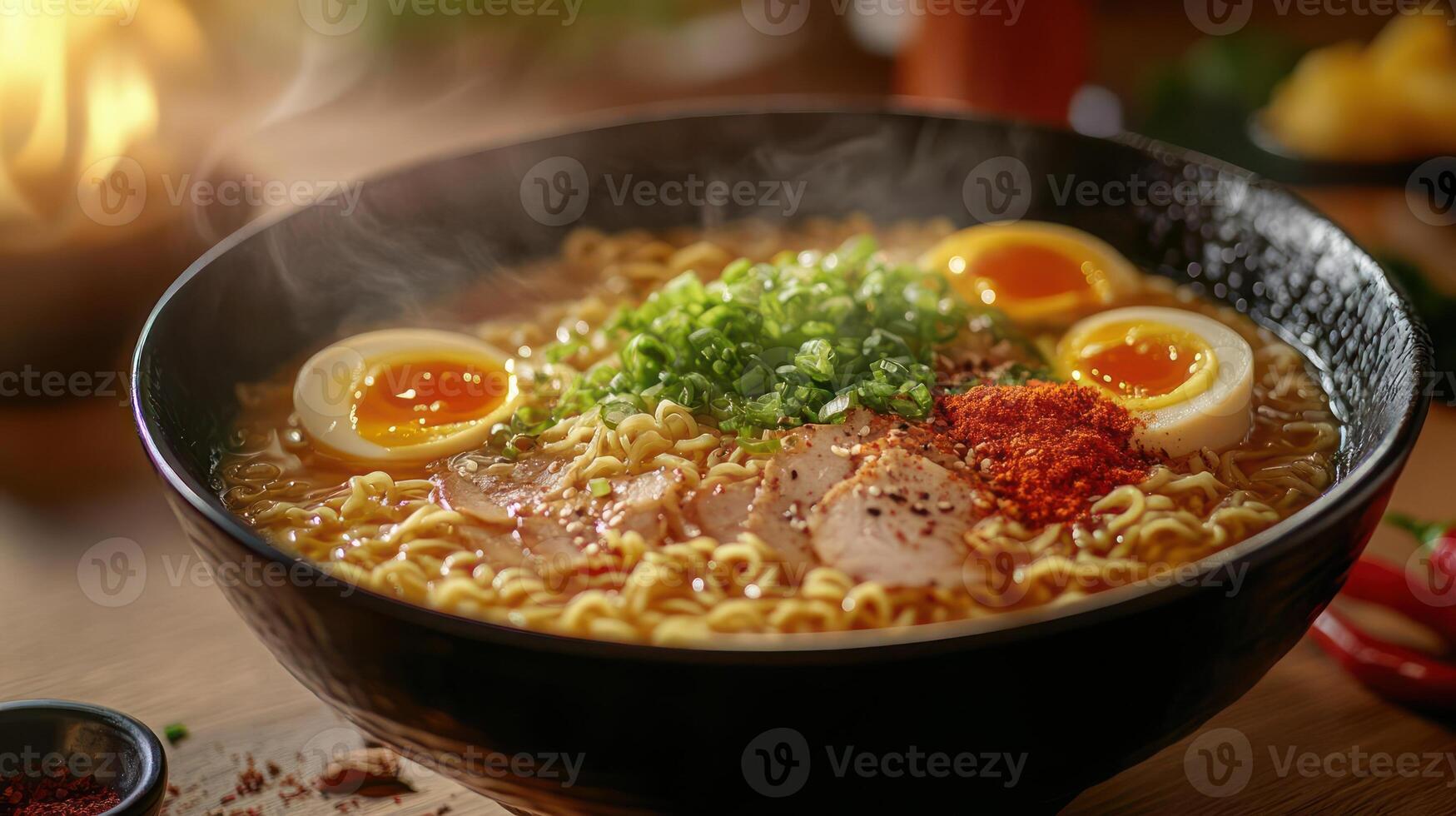 Delicious ramen bowl with egg, chili, and green onions. photo