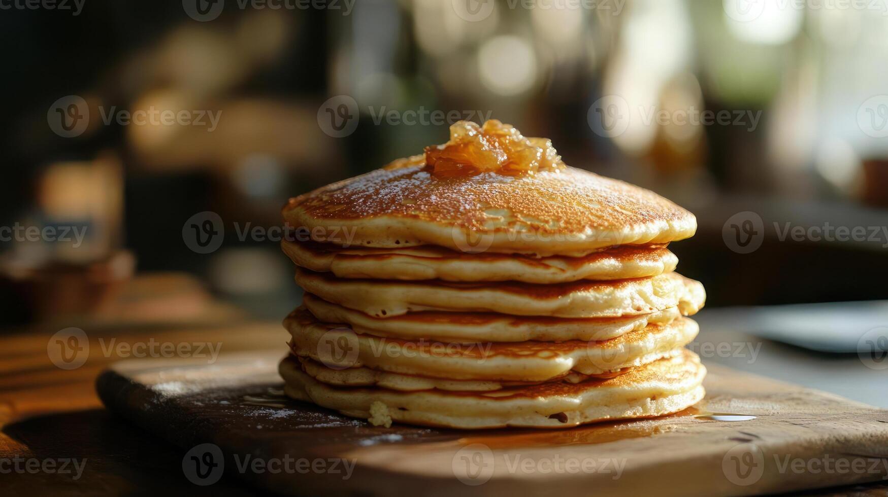 Stack of fluffy pancakes with honey and powdered sugar. photo