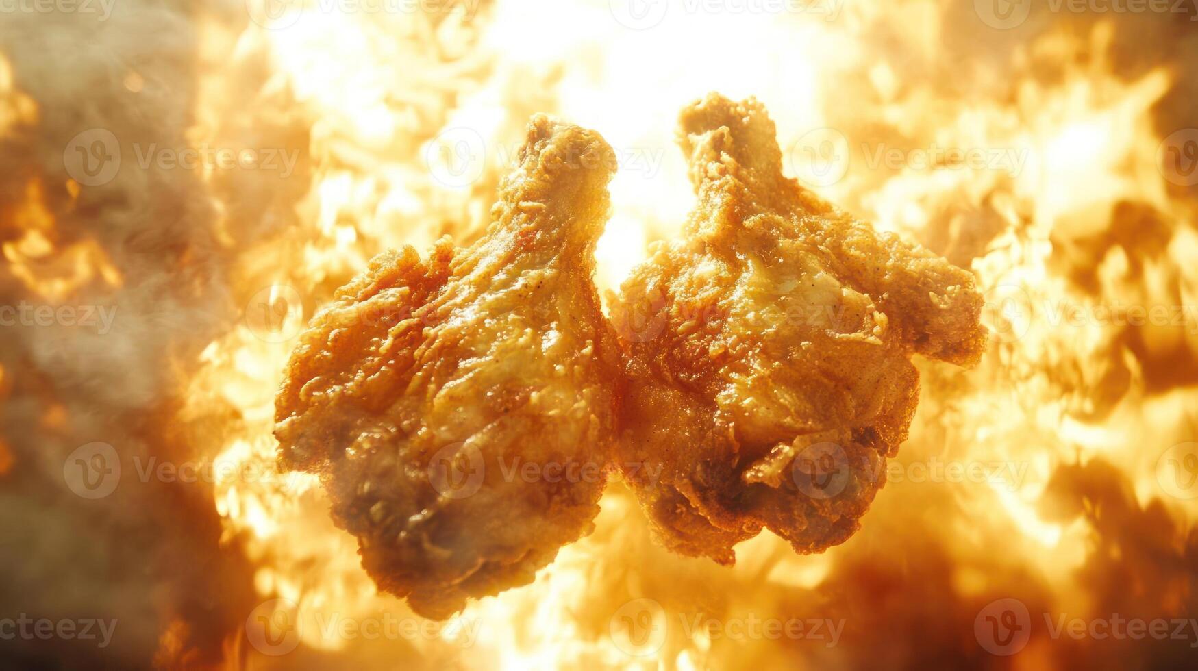 Crispy fried chicken against a fiery background. photo