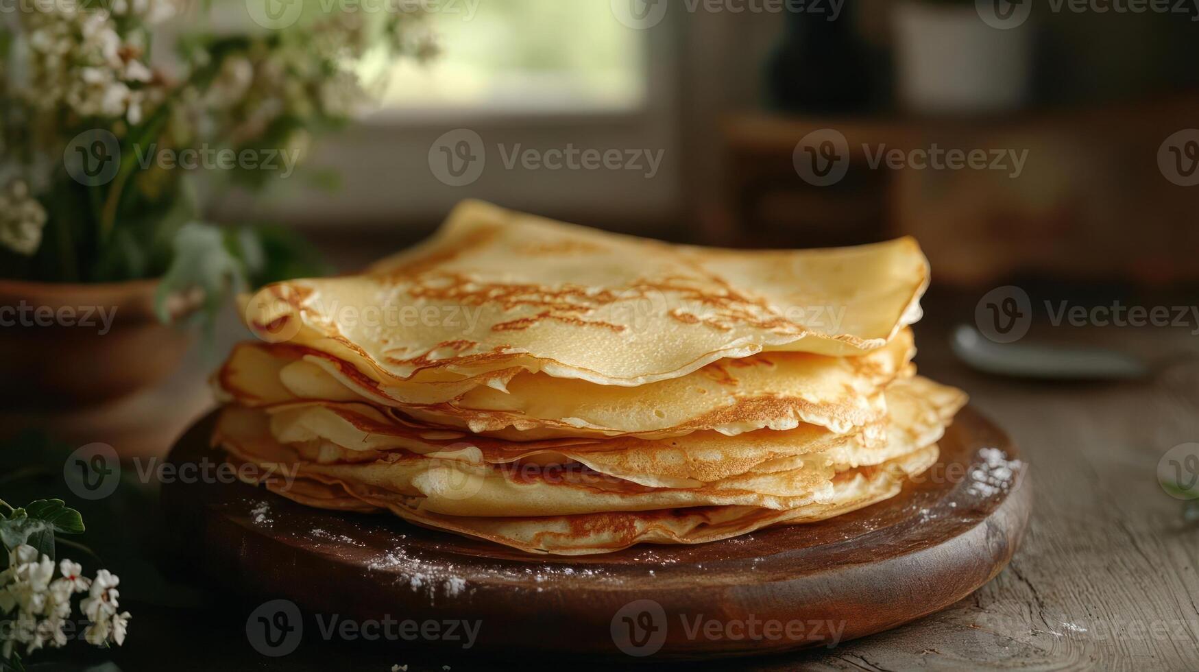 Stack of pancakes on a wooden board, rustic setting. photo