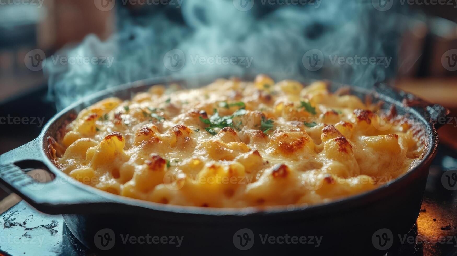 Delicious, cheesy mac and cheese in a cast iron skillet. photo