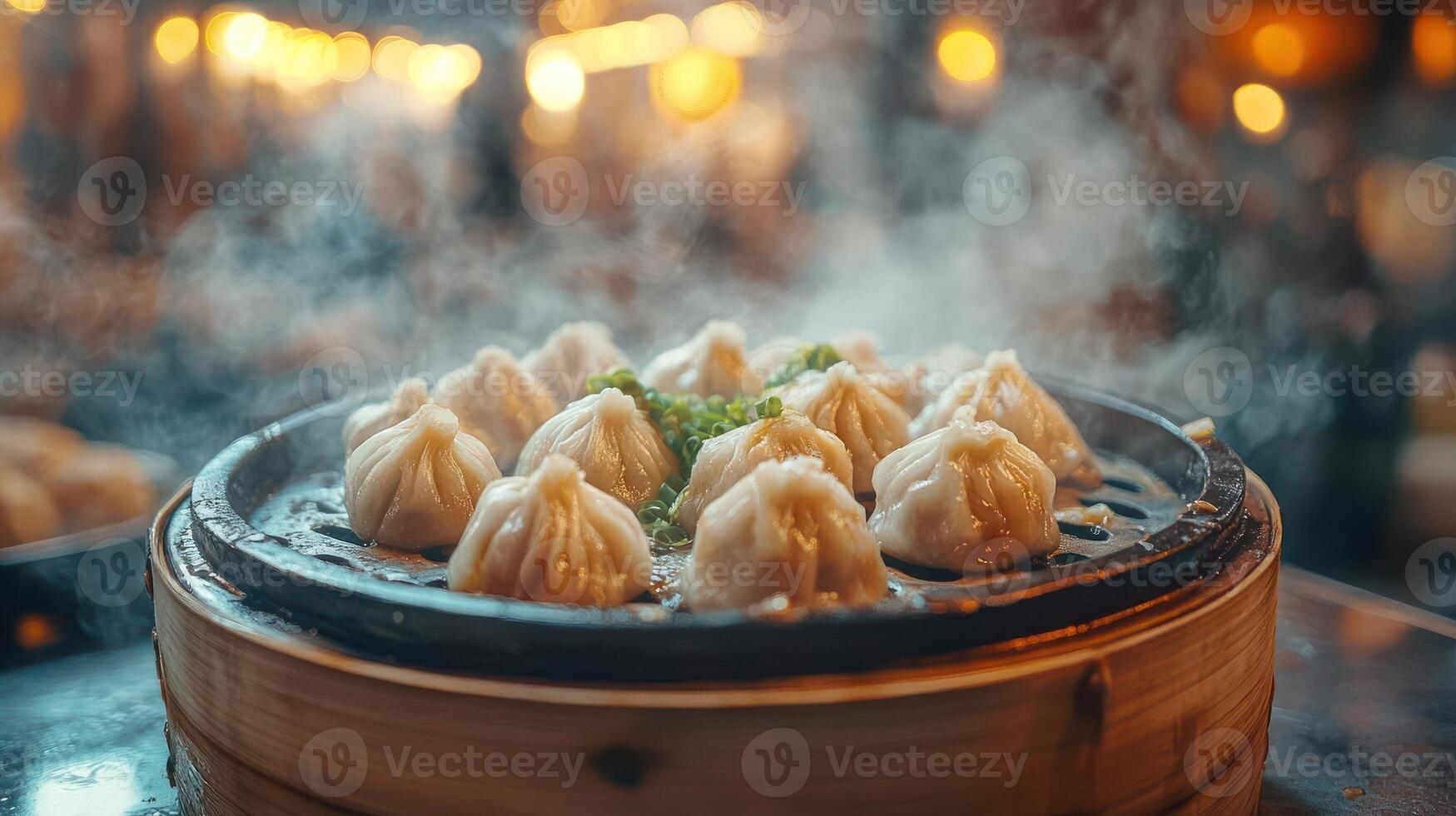 Steaming soup dumplings, a delicious and savory Chinese treat. photo