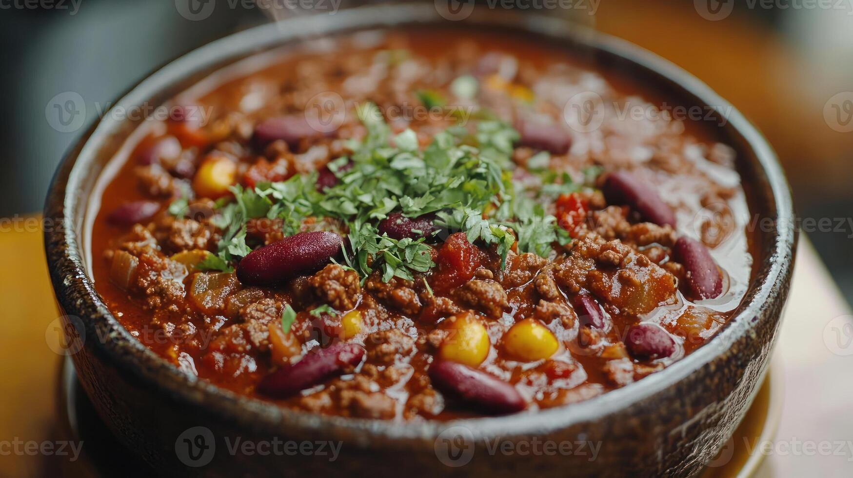 Hearty bowl of chili with kidney beans and fresh herbs. photo