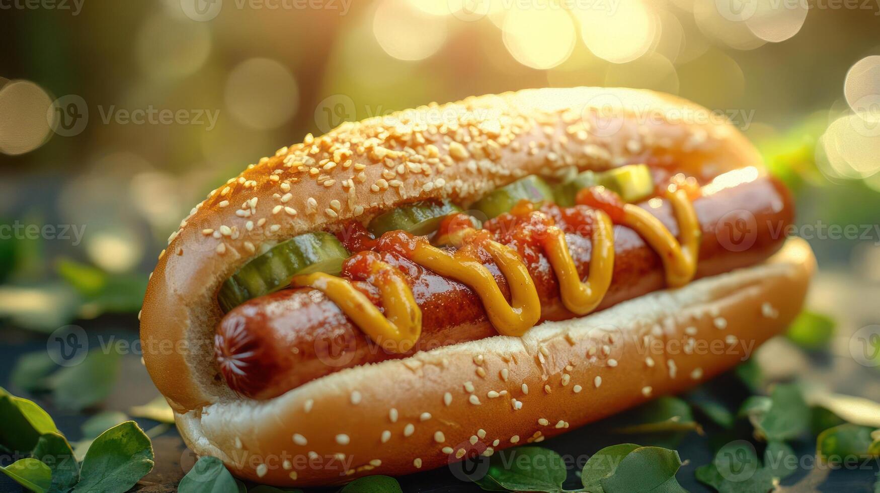 Delicious hotdog with mustard and pickles. photo