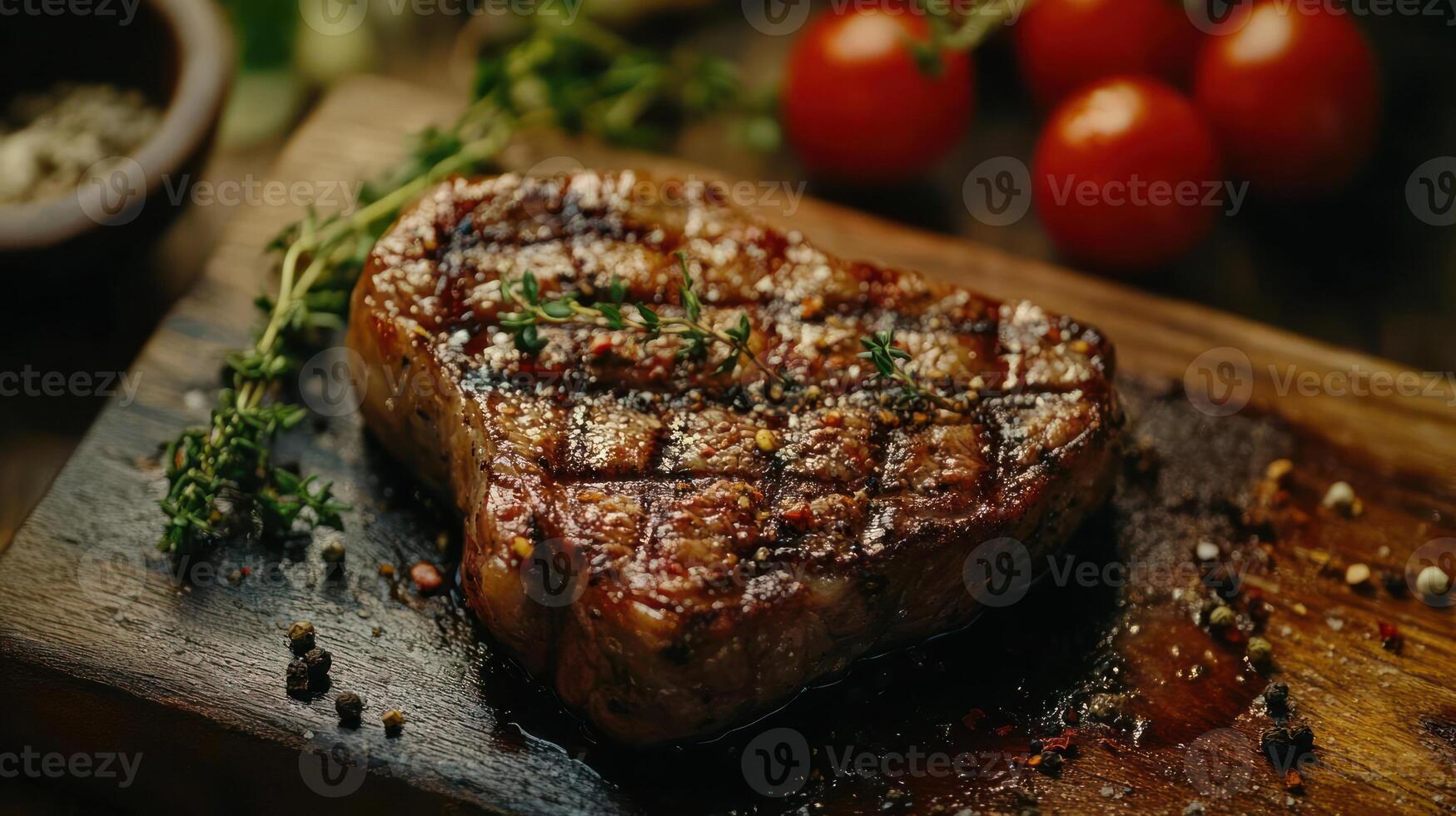Grilled steak with herbs and peppercorns on a wooden board. photo