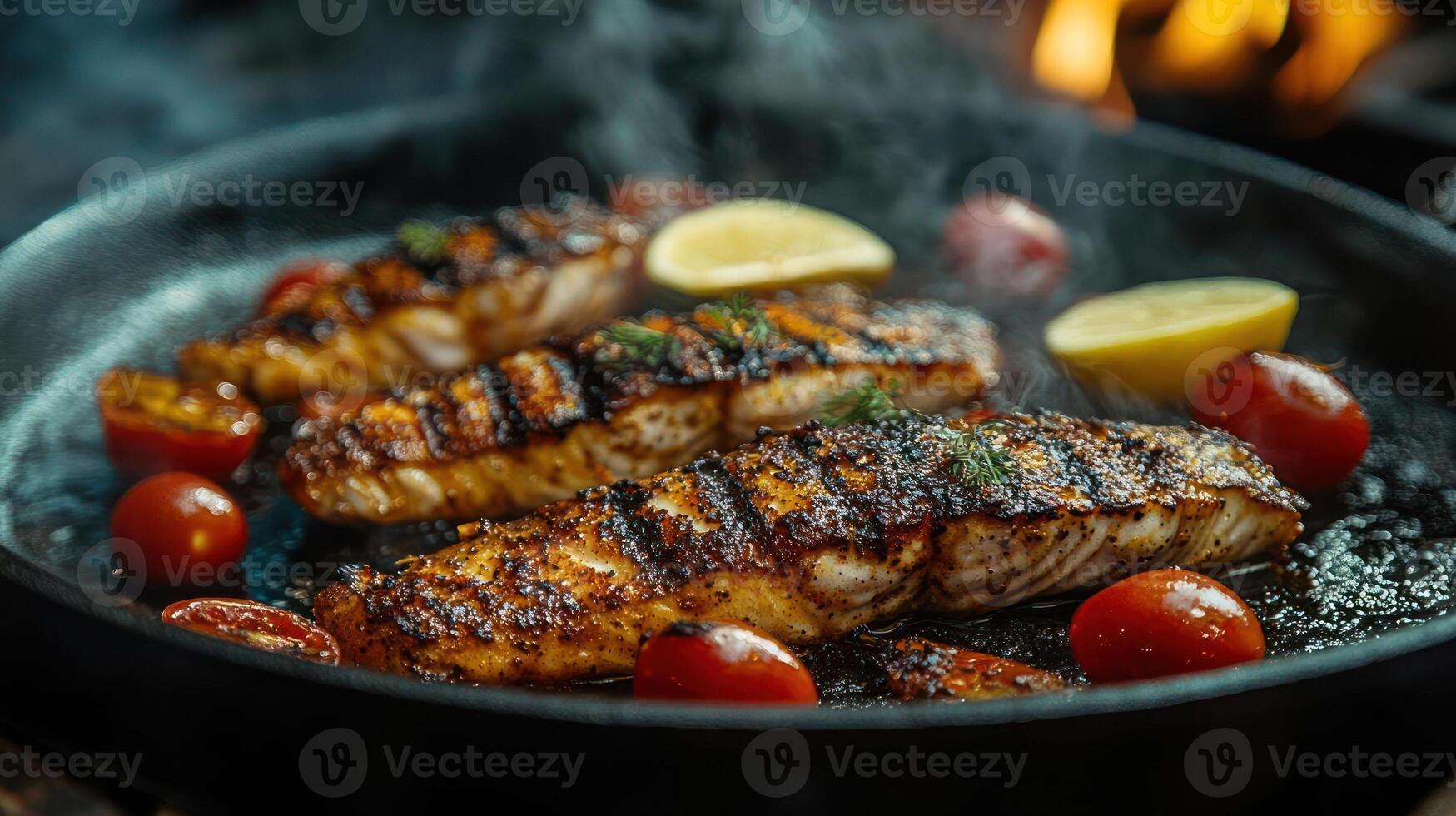 Seared fish with tomatoes and lemon, cooked in a pan. photo
