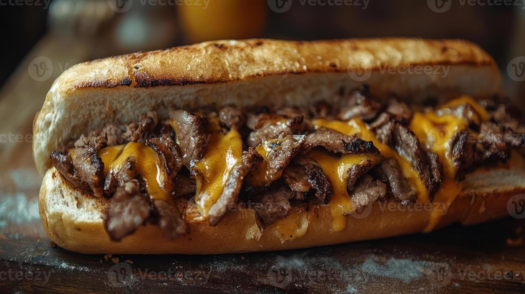 Cheesesteak sandwich on a roll, close-up view. photo